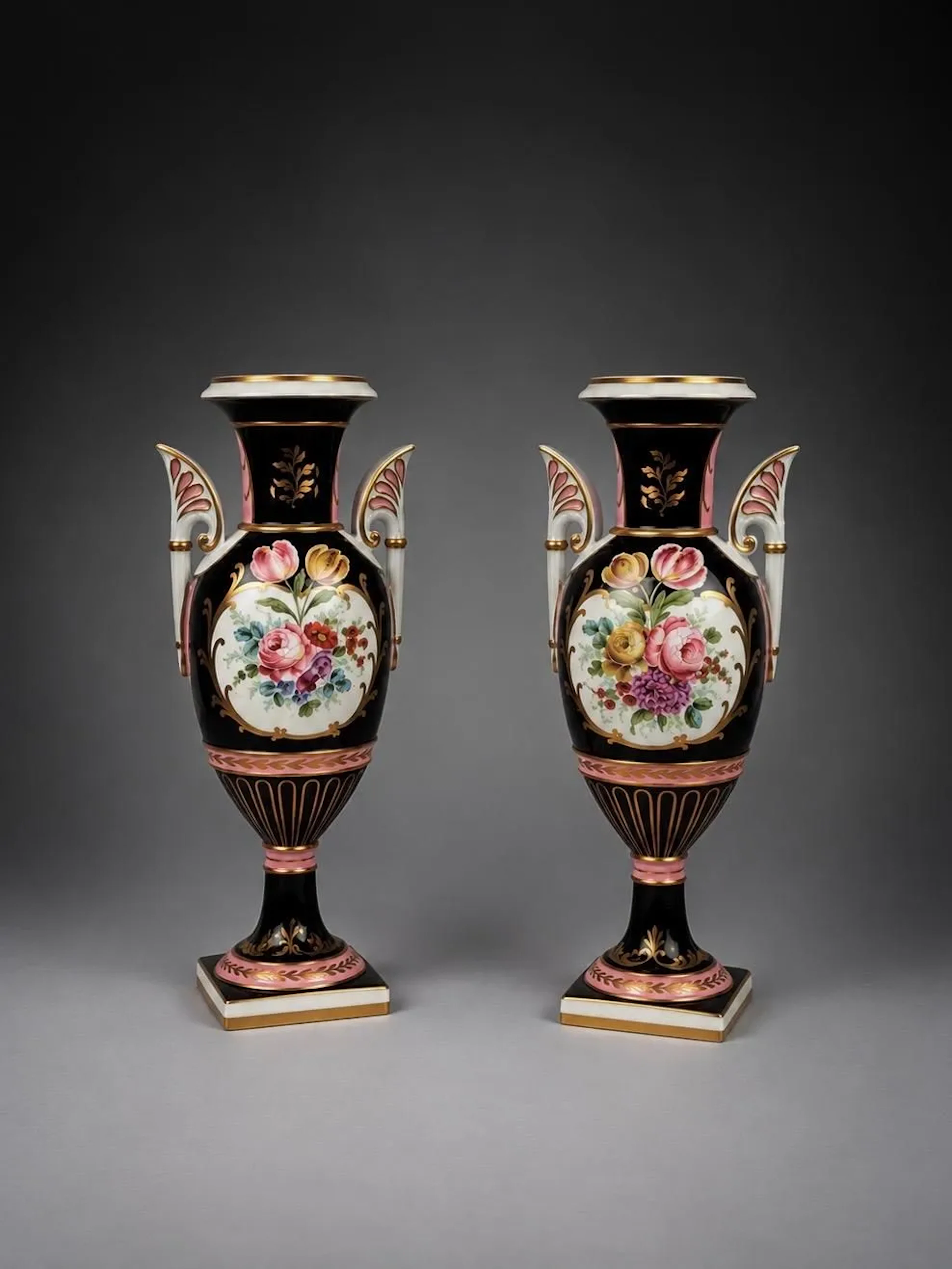 Pair of polychrome glazed porcelain vases with a black backg - Lot 83