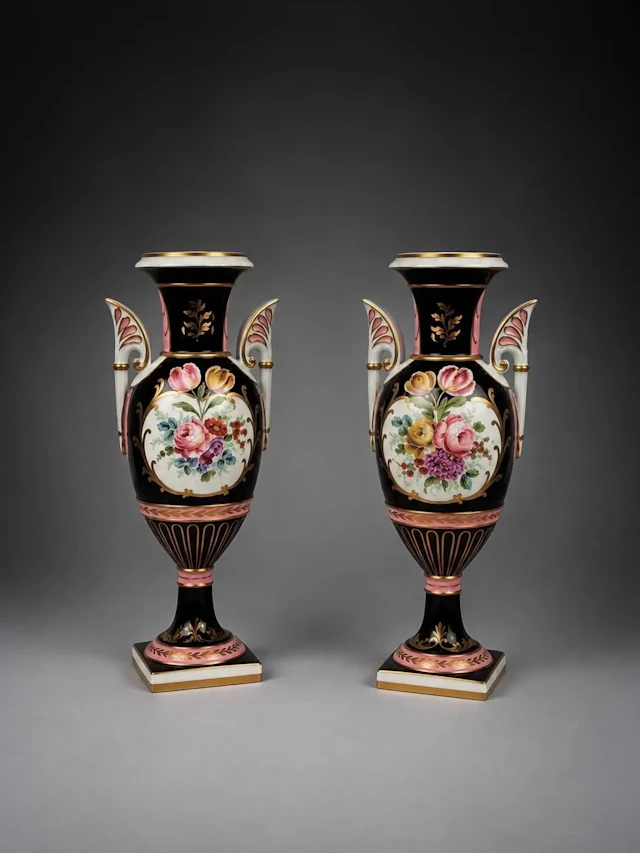 Pair of polychrome glazed porcelain vases with a black backg - Lot 83
