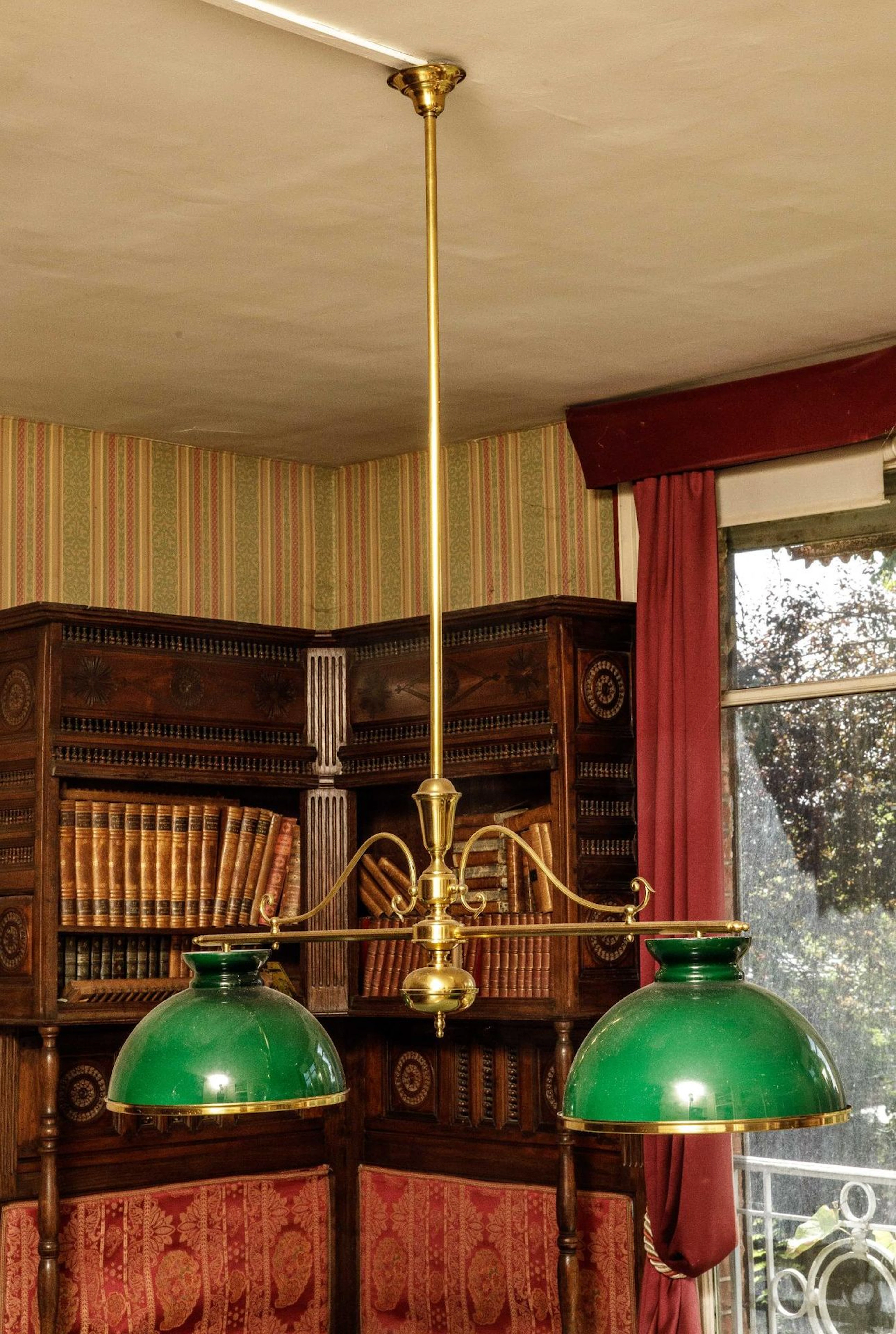 Large gold-plated metal billiard-style pendant light with tw - Lot 189