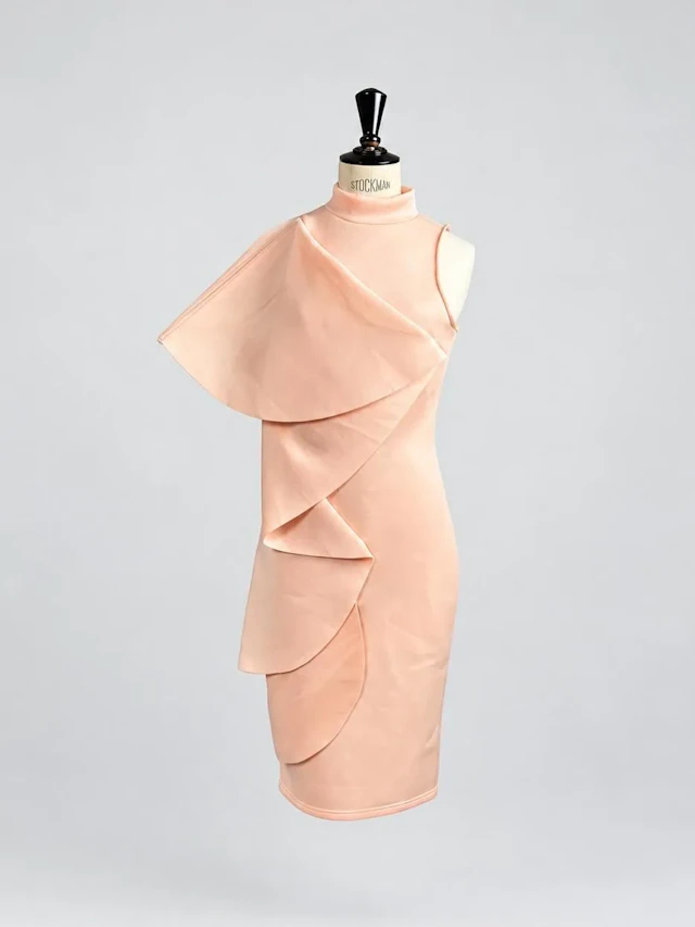 Powder-pink bodycon dress with ruffles cascading from the sh - Lot 42