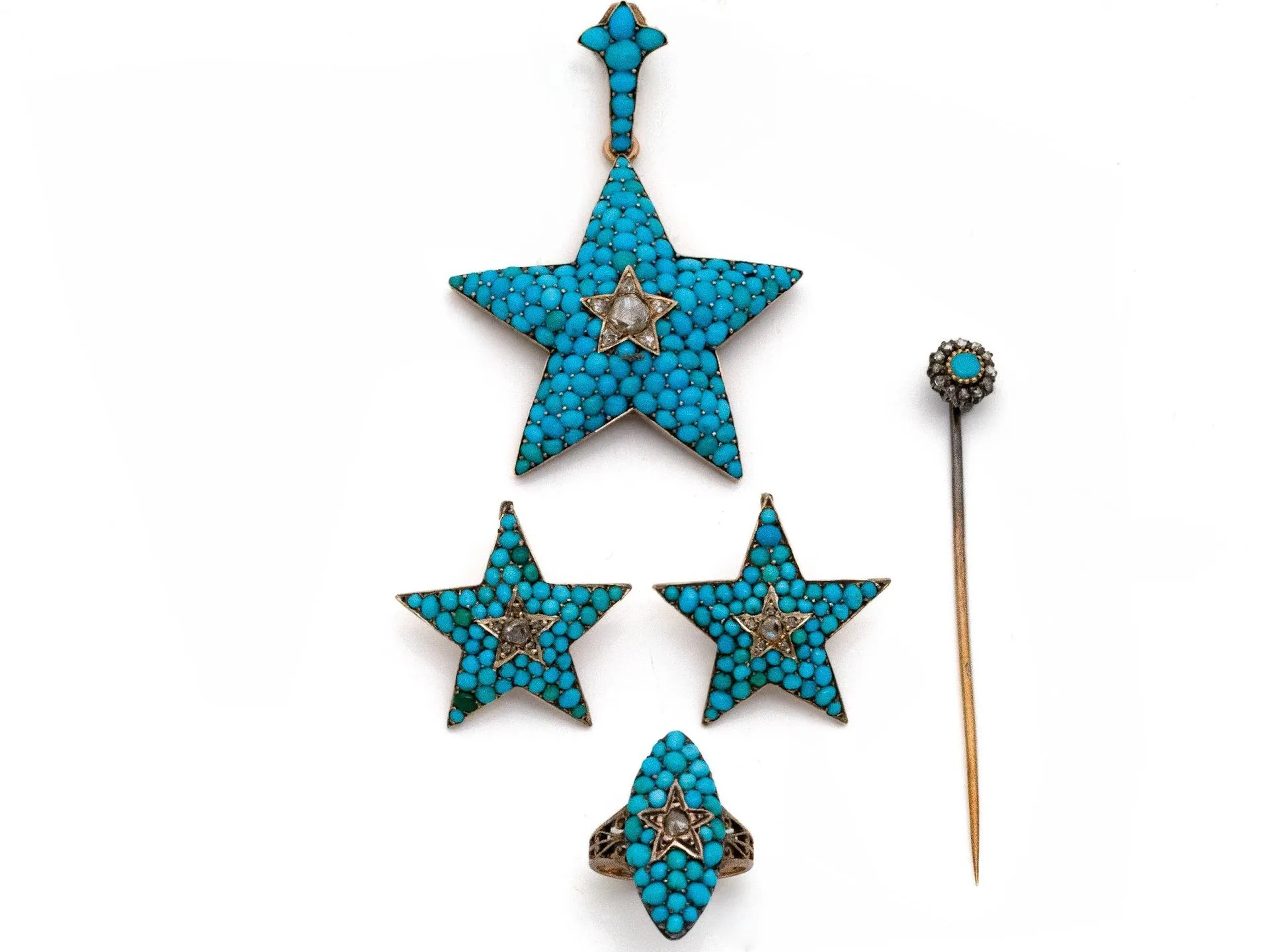 A set of 750 and 585 gold jewelry, set with turquoise caboch - Lot 40