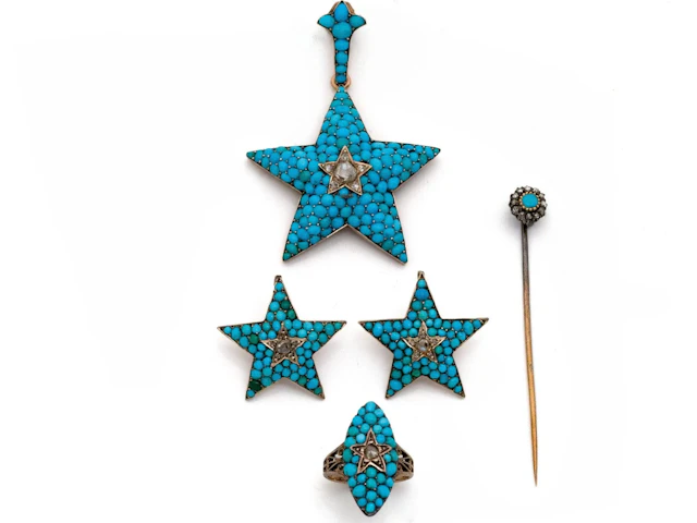 A set of 750 and 585 gold jewelry, set with turquoise caboch - Lot 40