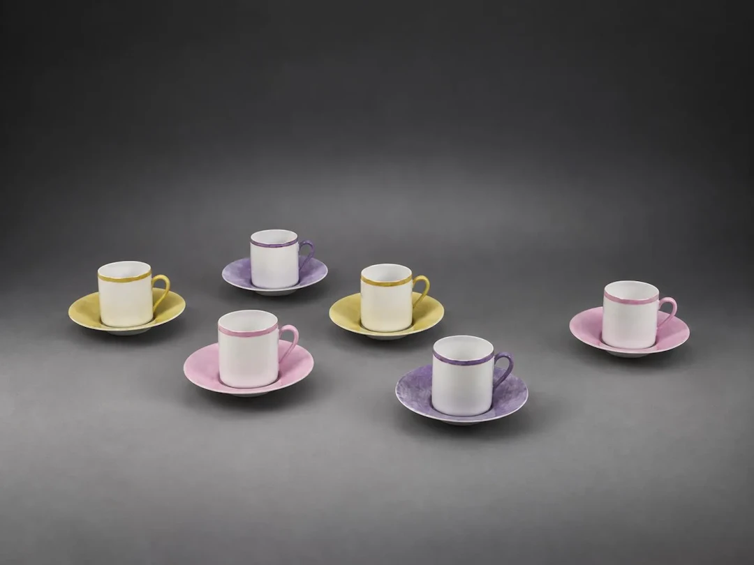 Set of six hand-glazed coffee cups and saucers in anise gree - Lot 87