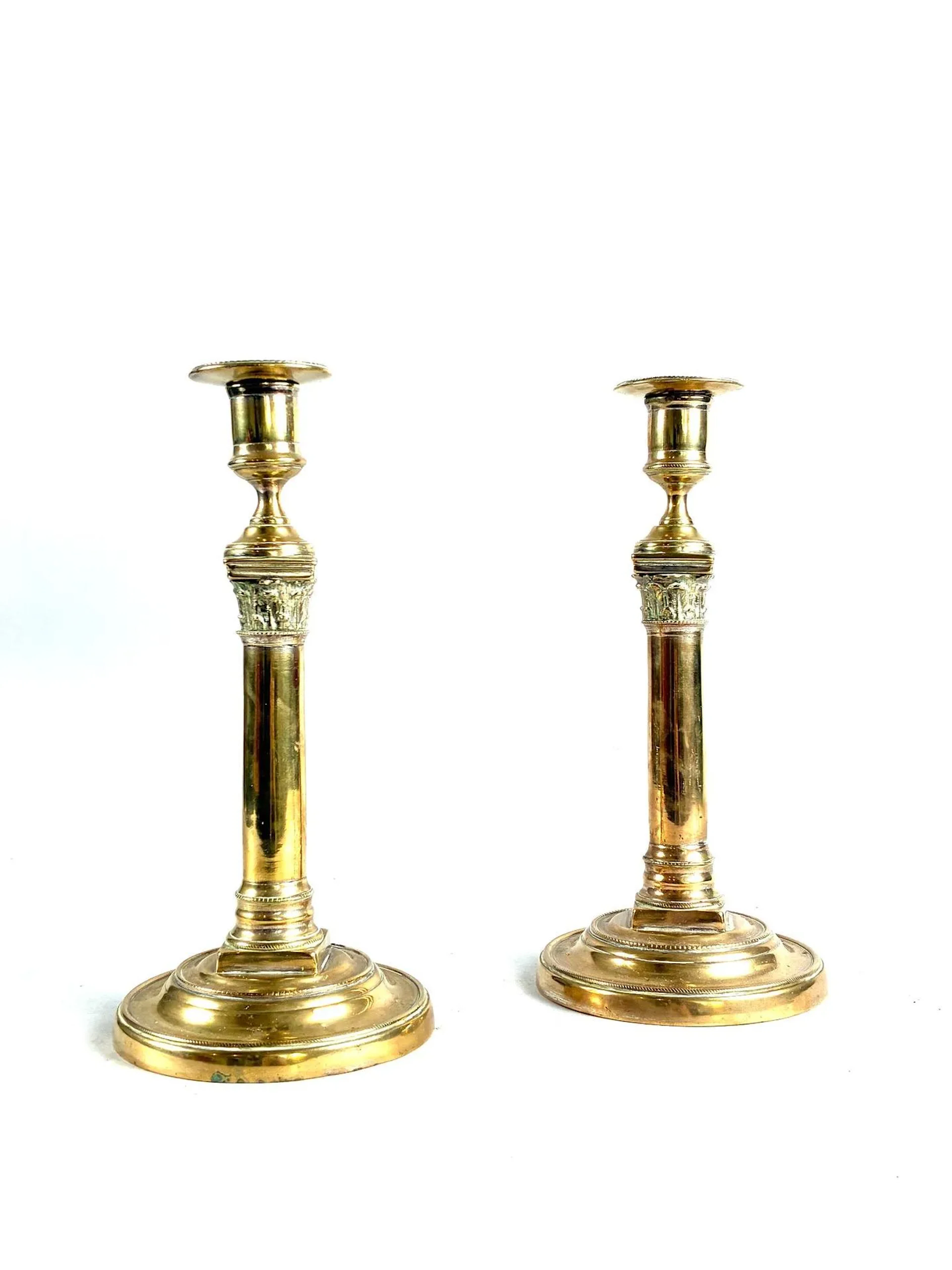 Pair of ormolu candlesticks, circular base, Corinthian colum - Lot 155