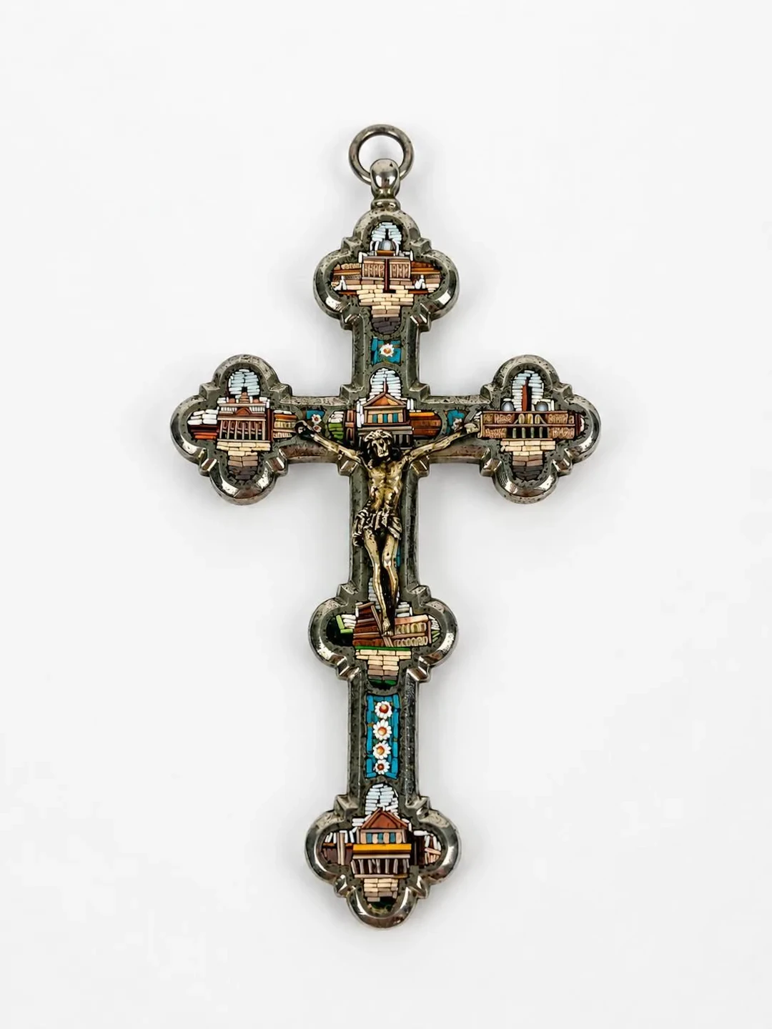 Silver plated metal cross with a micromosaic depicting Roman - Lot 27