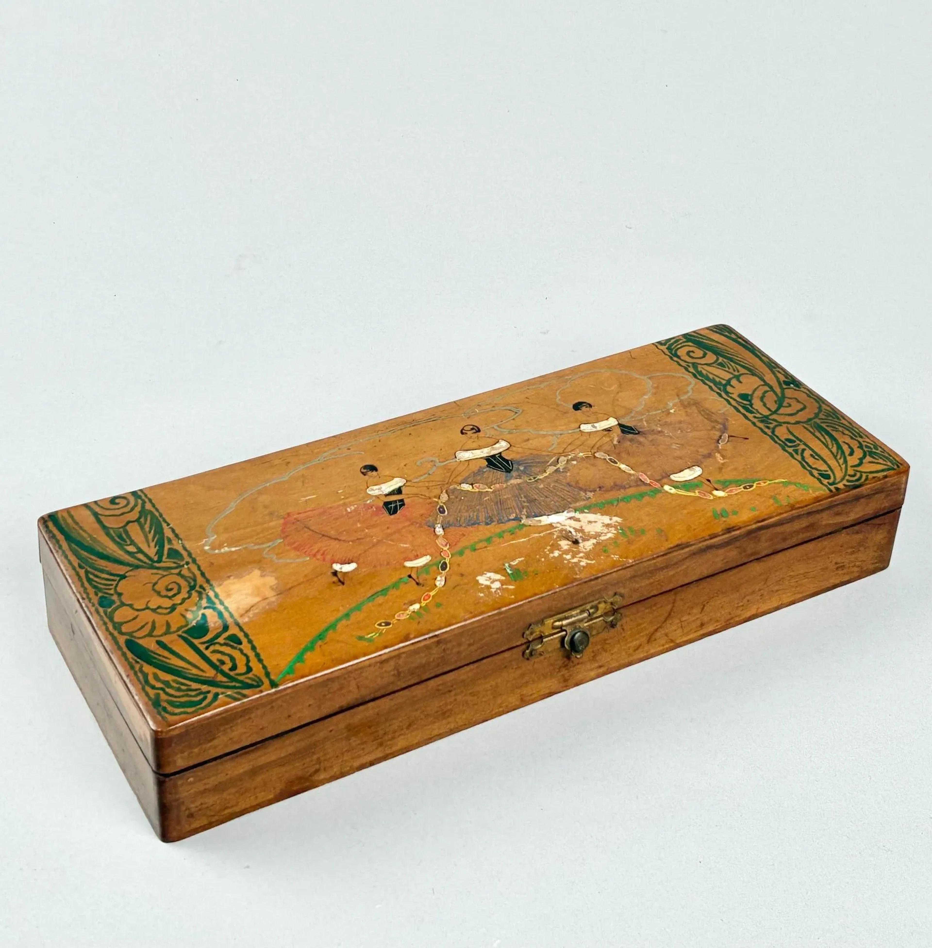 Wooden glove box painted in Art Deco style, red silk interio - Lot 131