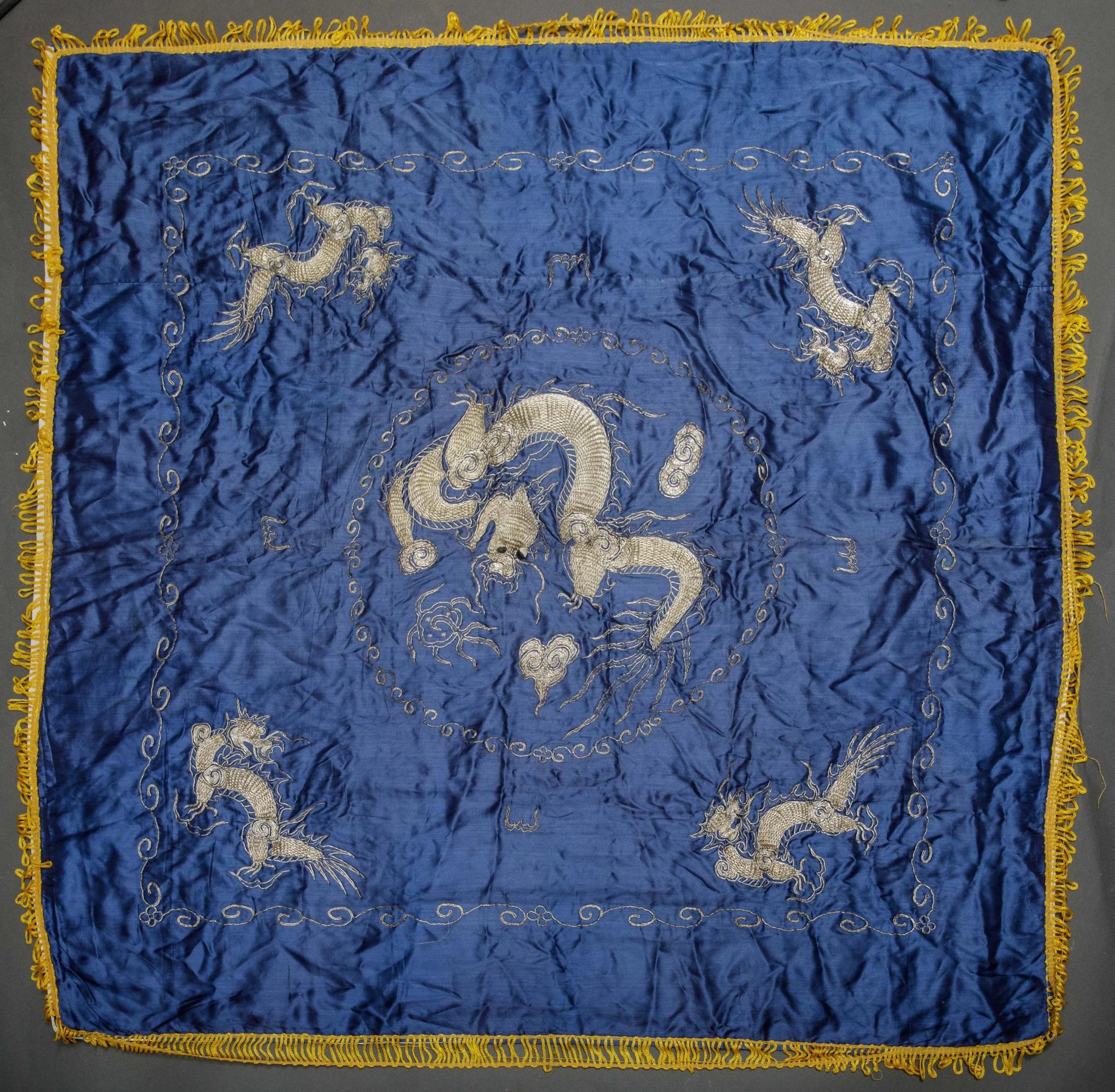 Large square blue silk tapestry, lined and embroidered with - Lot 225