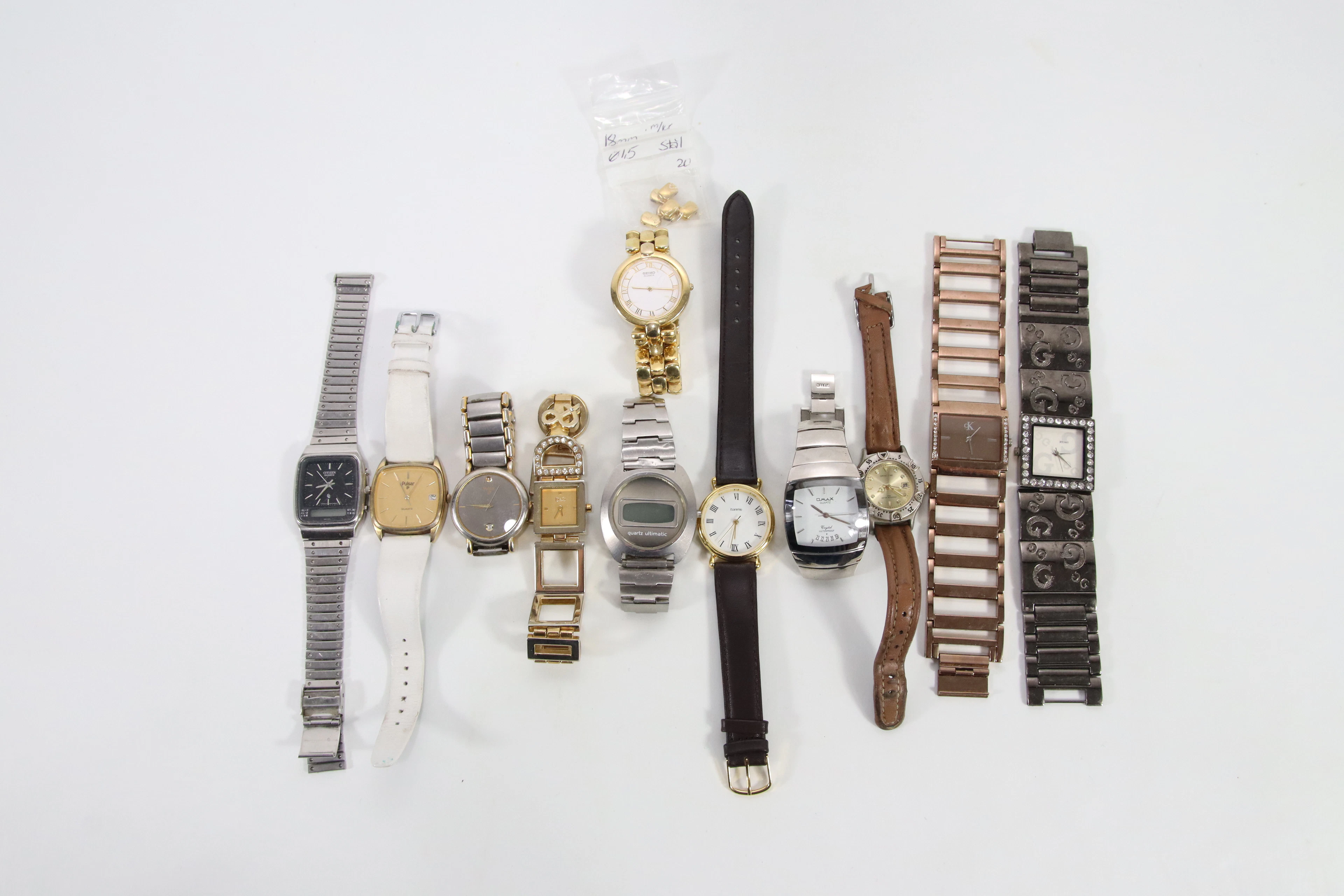 Parti med dame- og herreklokker – bl.a. Seiko, Citizen, Pulsar, CK, D&G m.fl.