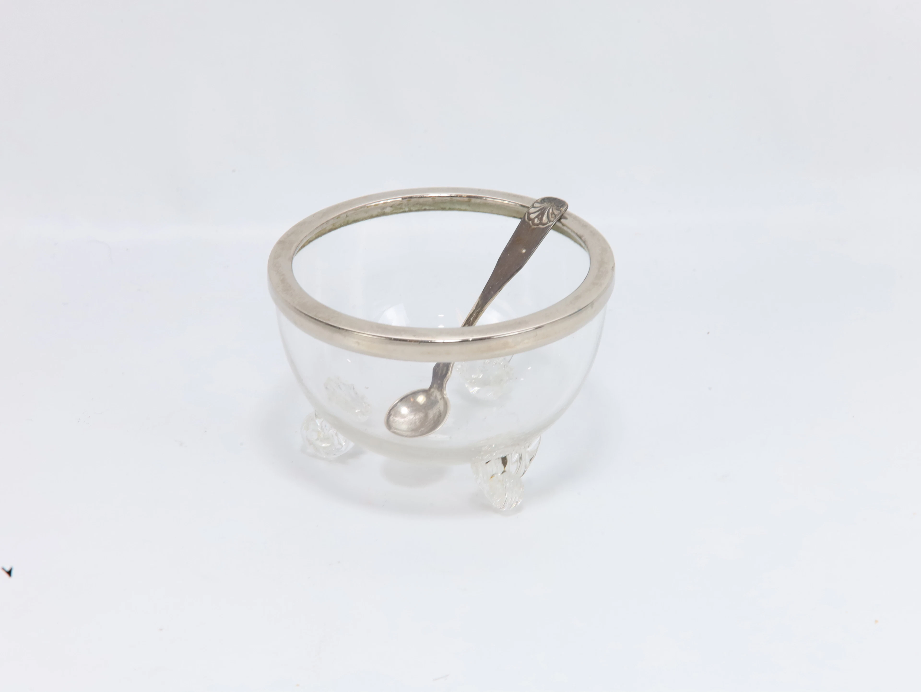 Saltbolle i glass med metall sølvkant og original 830S-skje