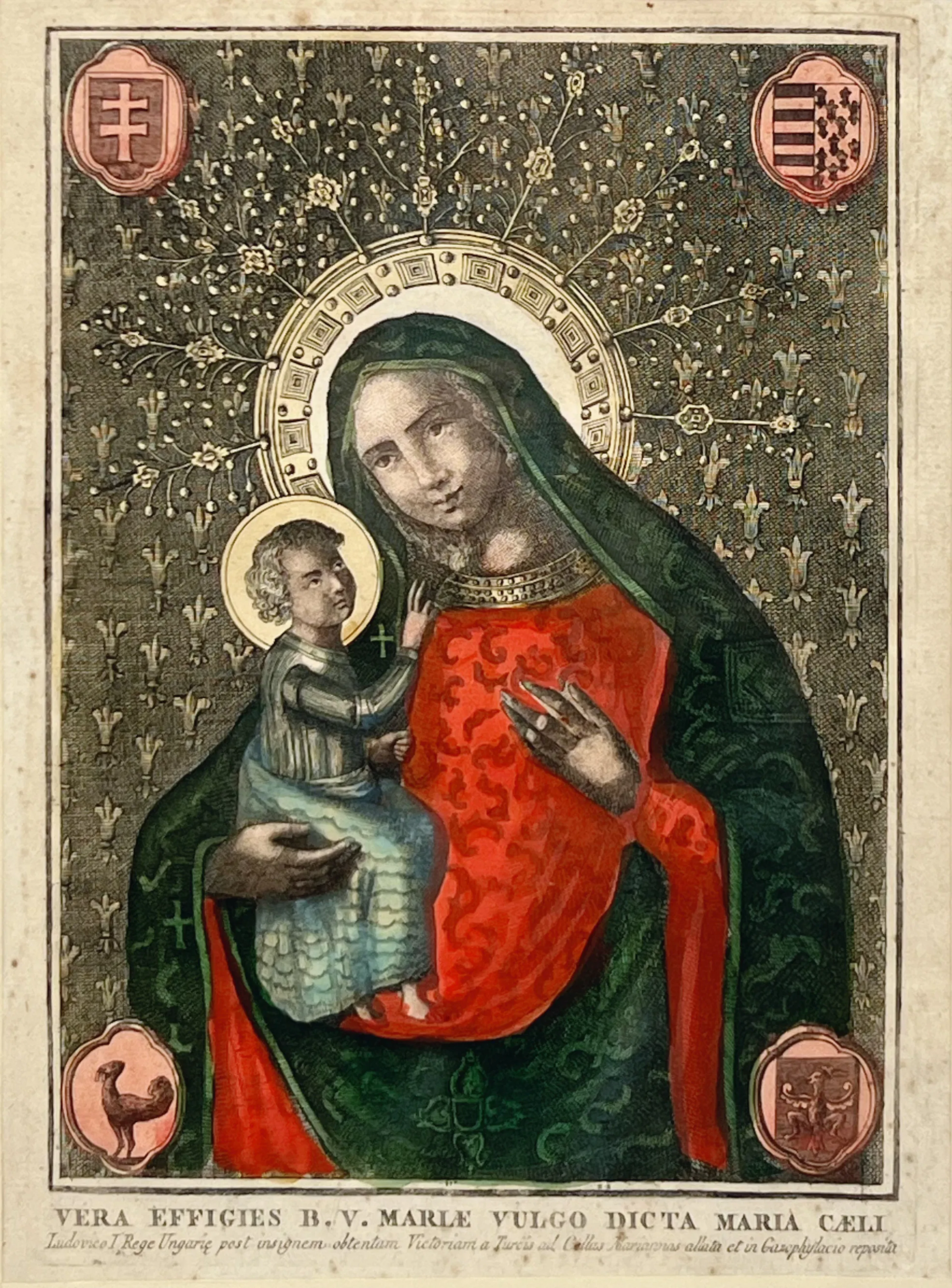 16/1700t "Maria Cæli / Madonna med barnet" håndkolorert kobberstikk