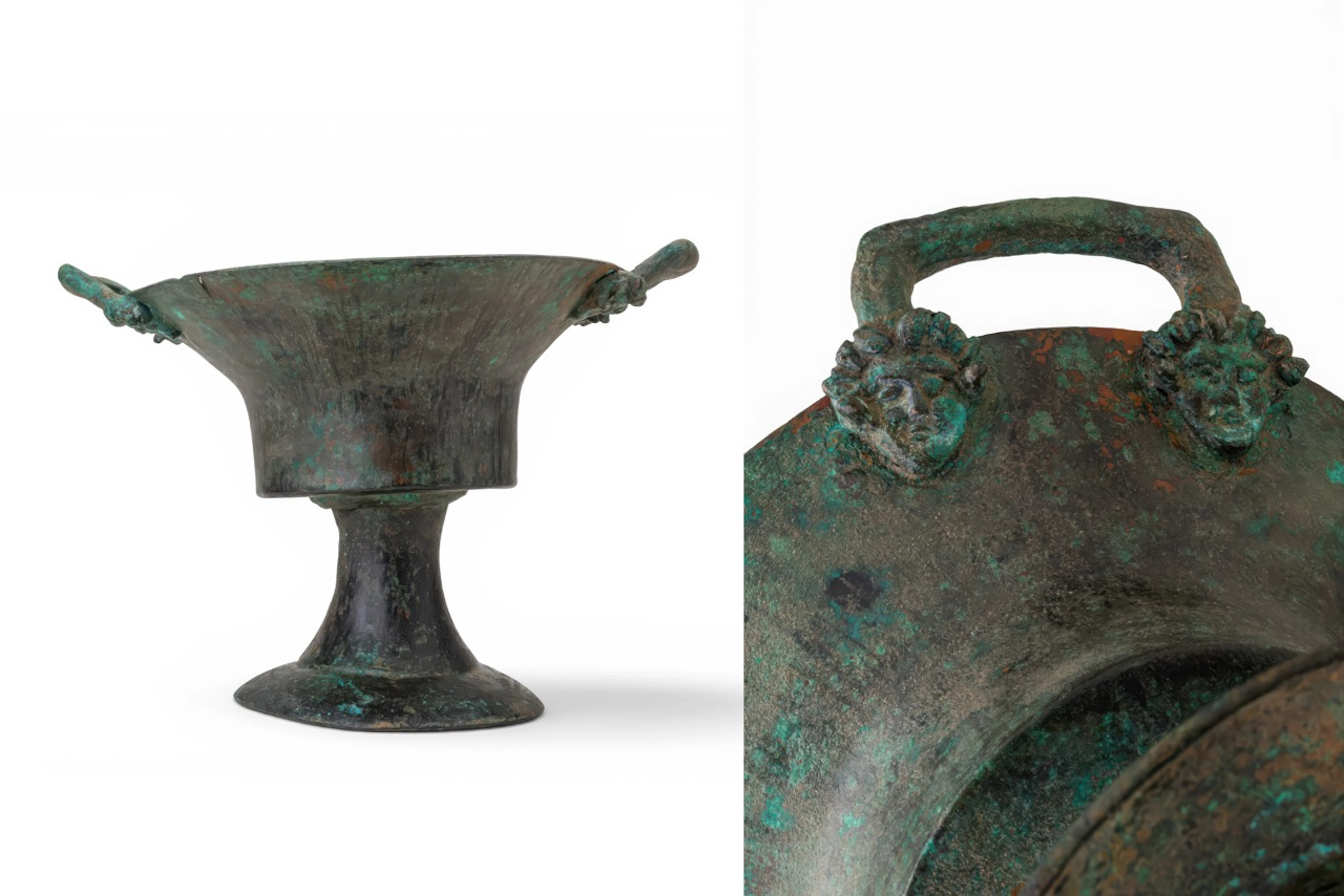 LARGE EASTERN GREEK BRONZE GOBLET WITH SATYR-HEAD HANDLES