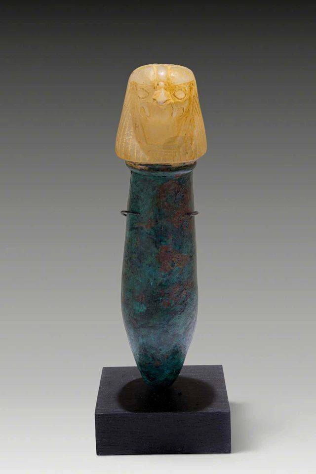 EGYPTIAN BRONZE AND ALABASTER RITUAL VESSEL WITH FALCON-SHAPED STOPPER
