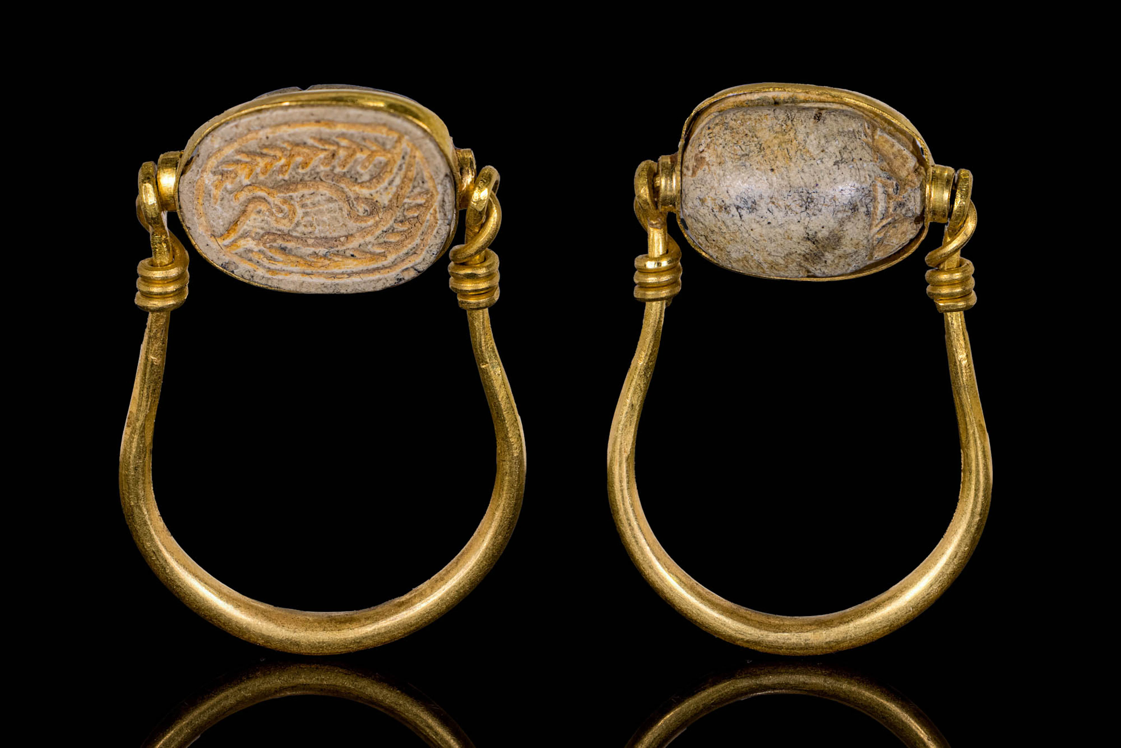EGYPTIAN STONE SCARAB WITH PALM BRANCHES IN SWIVEL GOLD RING