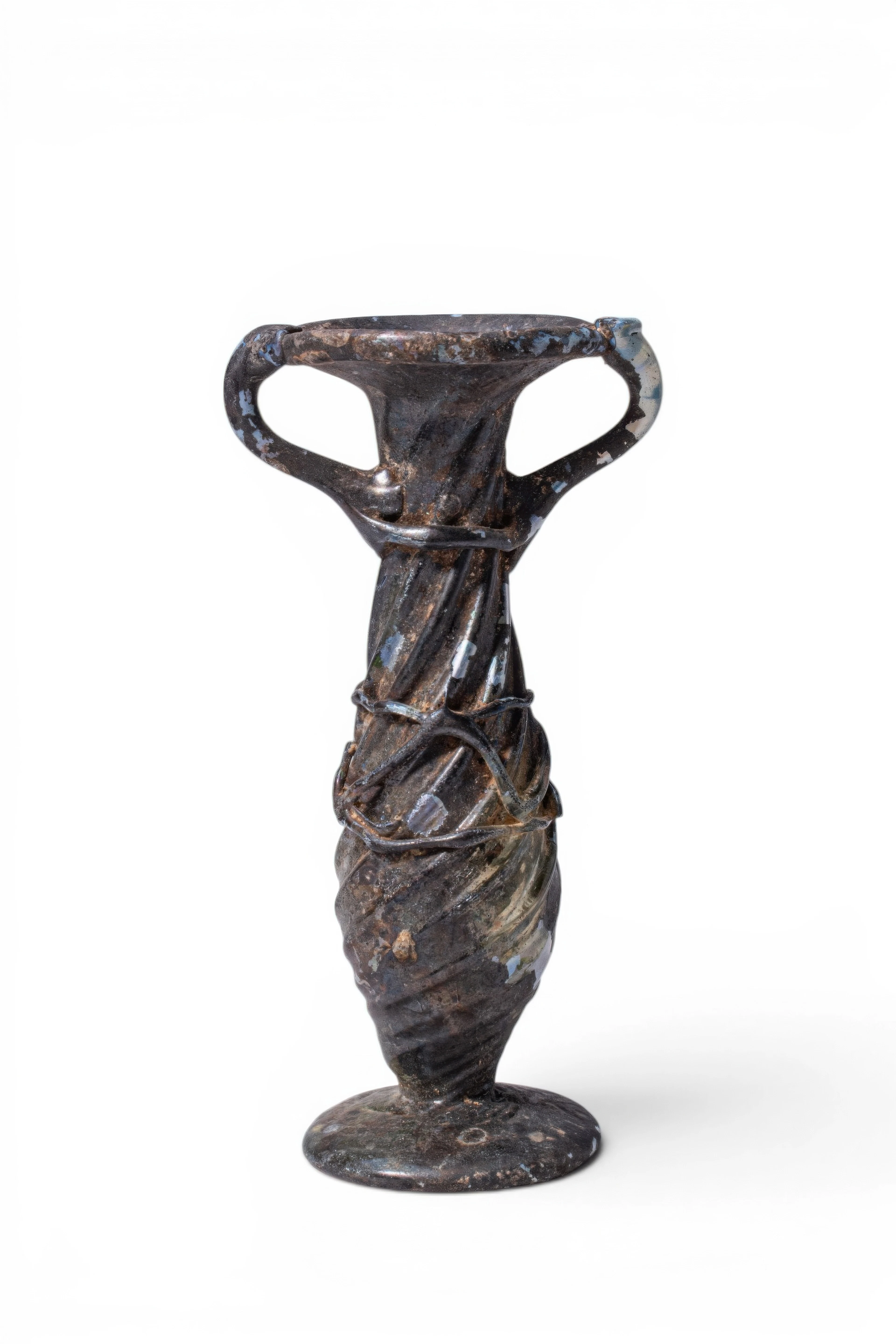 STUNNING LATE ROMAN RIBBED GLASS BALSAMARIUM WITH APPLIED TRAIL DECORATION