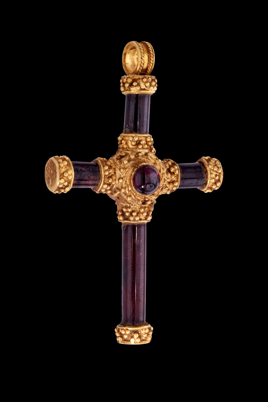 BYZANTINE GOLD AND GARNET CROSS PENDANT