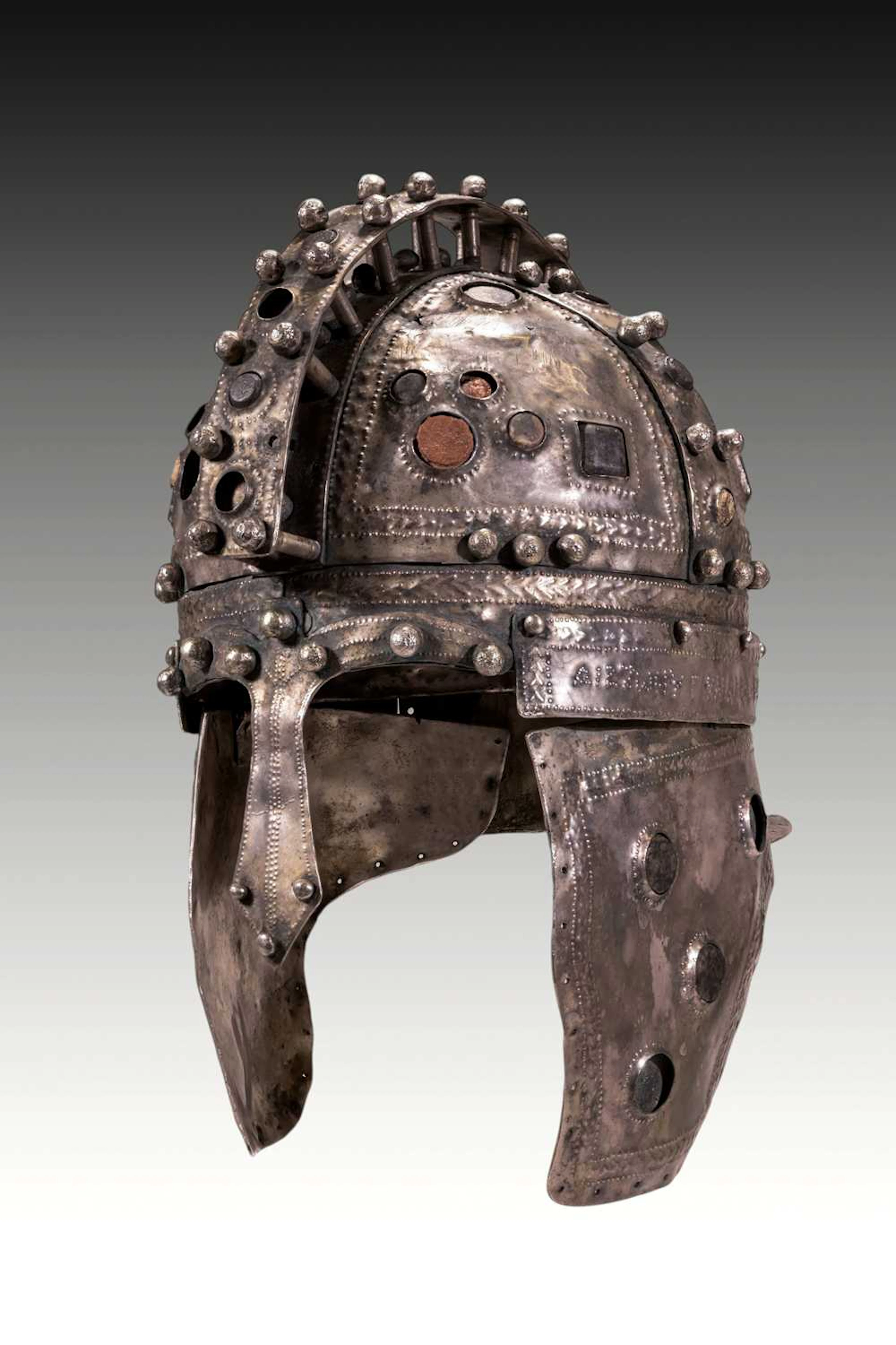 STUNNING LATE ROMAN IRON, SILVER AND GEM-SET CAVALRY HELMET OF BERKASOVO