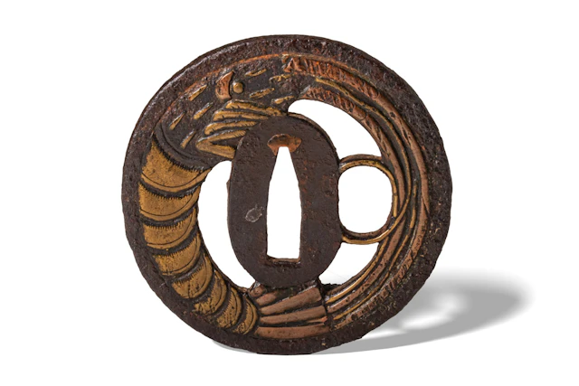 JAPANESE IRON TSUBA WITH SHRIMP DETAIL