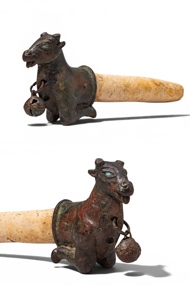 MESOPOTAMIAN WHETSTONE WITH BRONZE BULL FOREPART HANDLE