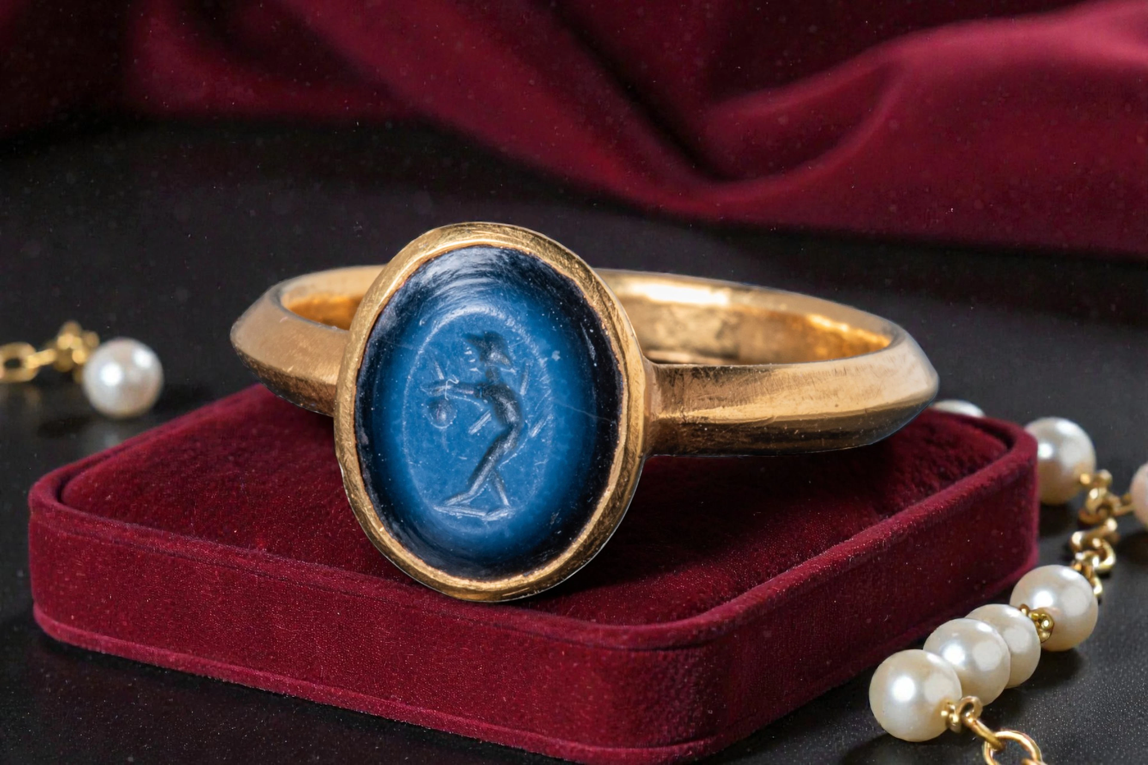 LATE ROMAN HIGH KARAT GOLD RING WITH NICOLO INTAGLIO OF MERCURY