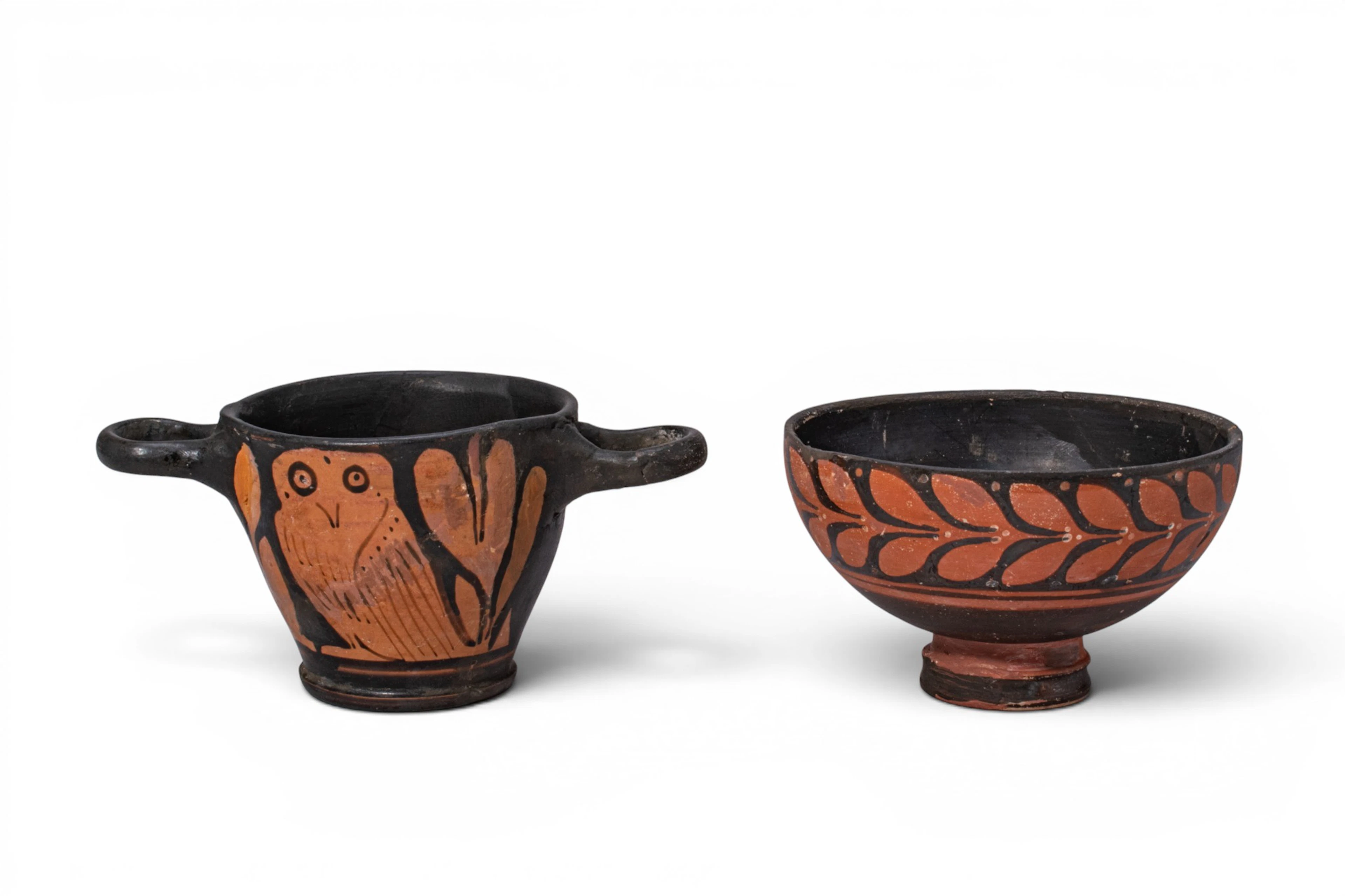 PAIR OF GREEK RED-FIGURE VESSELS WITH OWL AND LEAVES