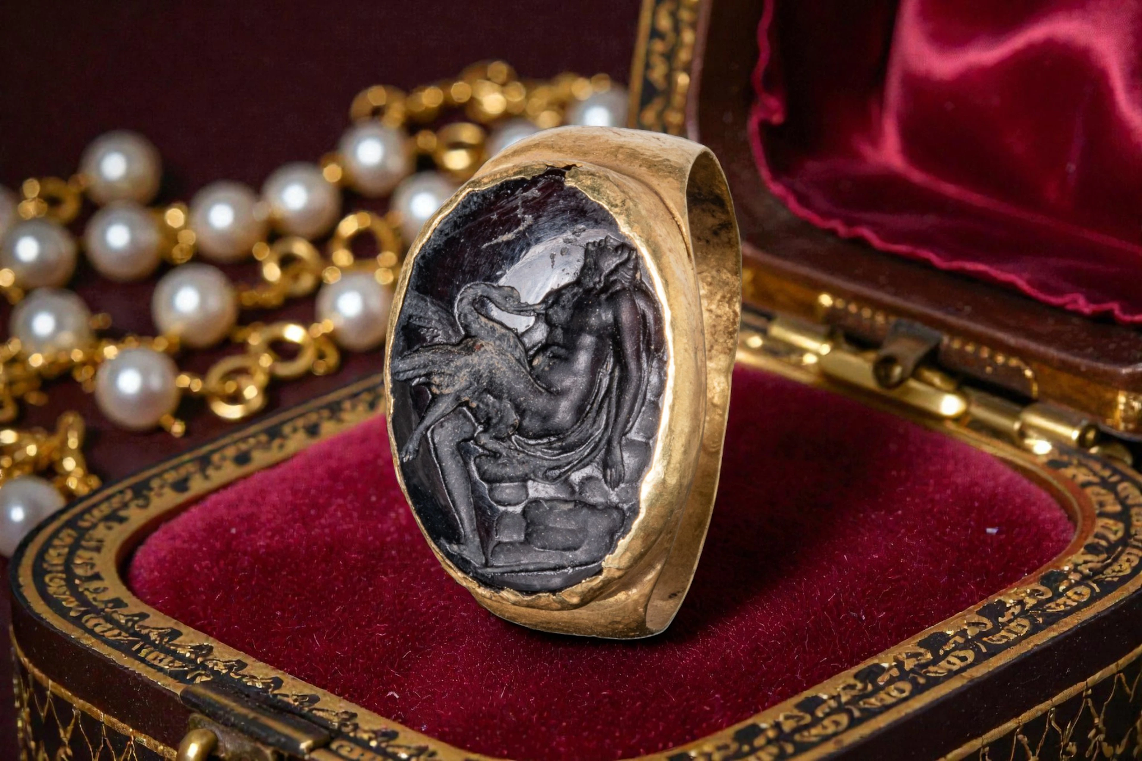 RARE ROMAN RED GLASS INTAGLIO WITH LEDA AND THE SWAN IN HIGH KARAT GOLD RING