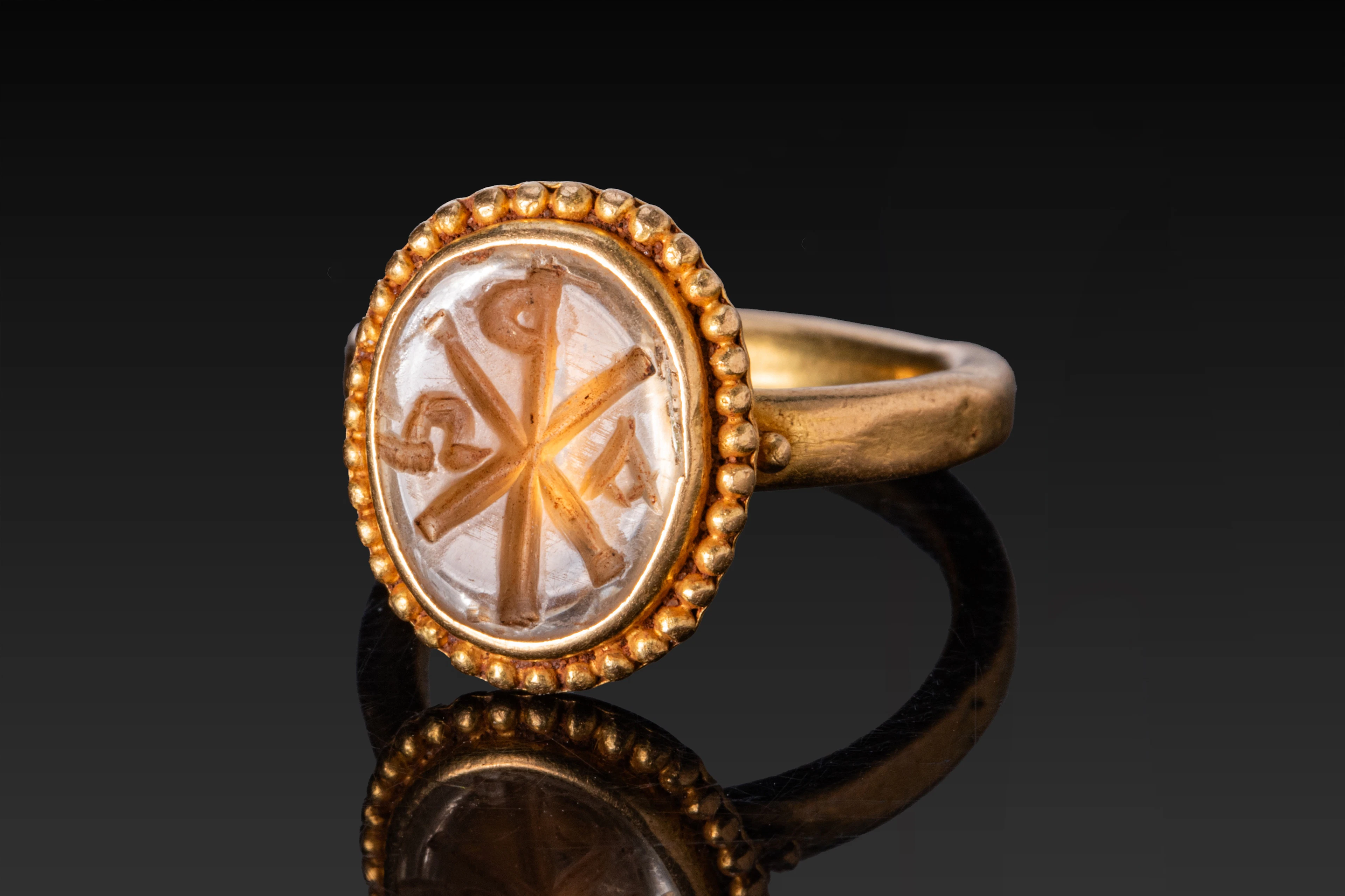 BYZANTINE CITRINE INTAGLIO OF A CHI-RHO IN GOLD RING