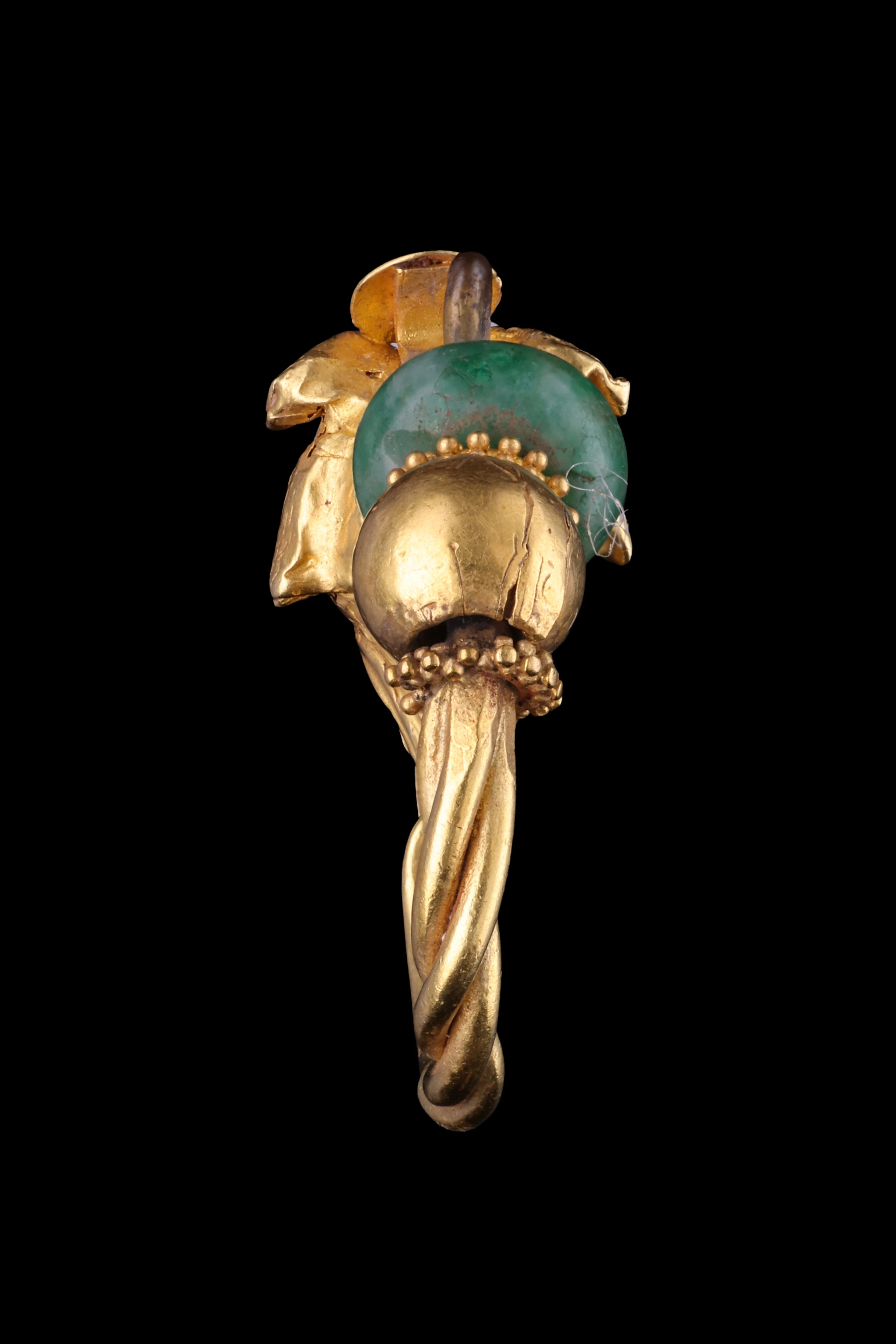 GREEK GOLD AND EMERALD EARRING WITH GOAT HEAD
