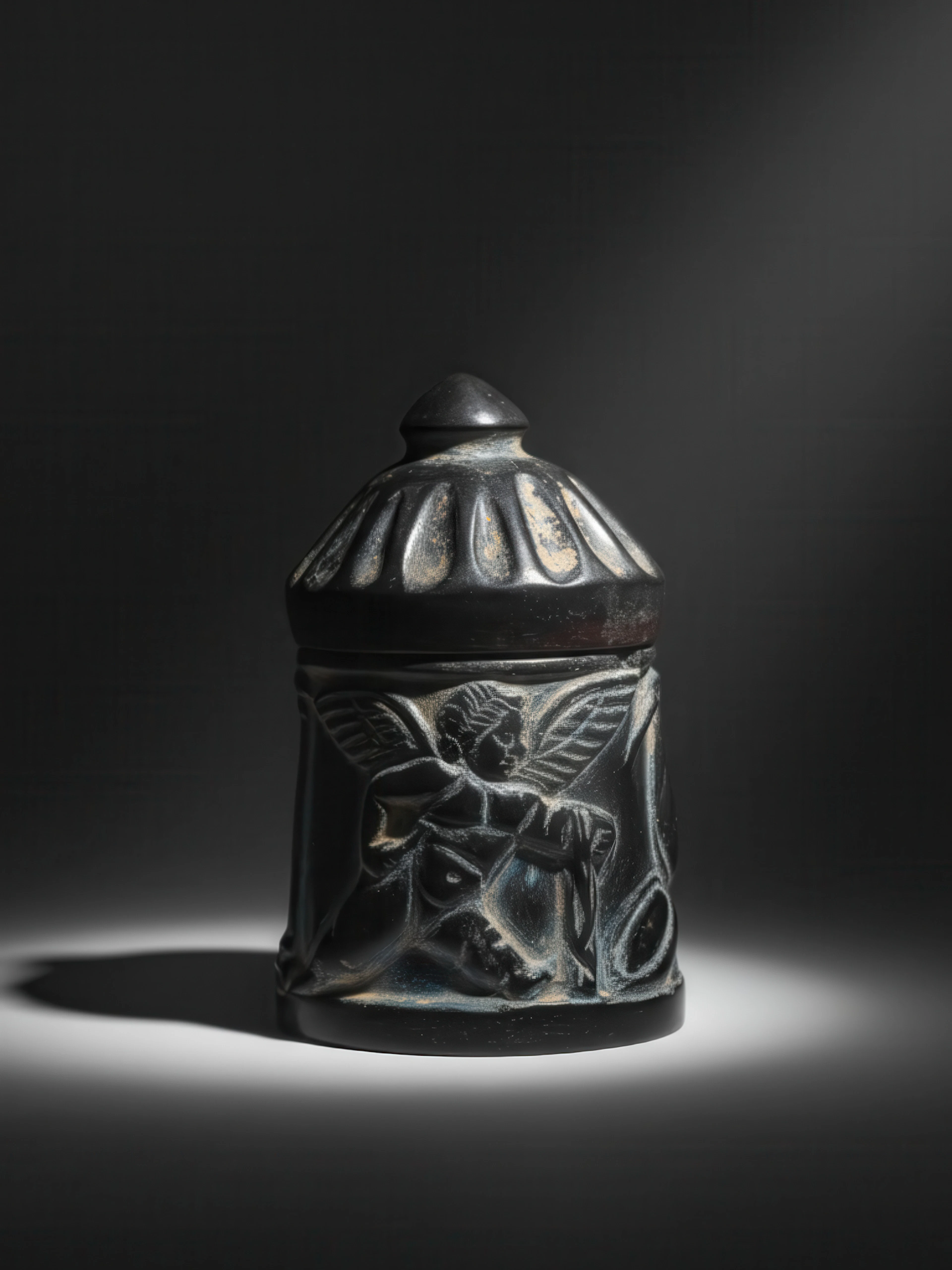 ROMAN OR BYZANTINE AUBERGINE GLASS PYXIS WITH PUTTI