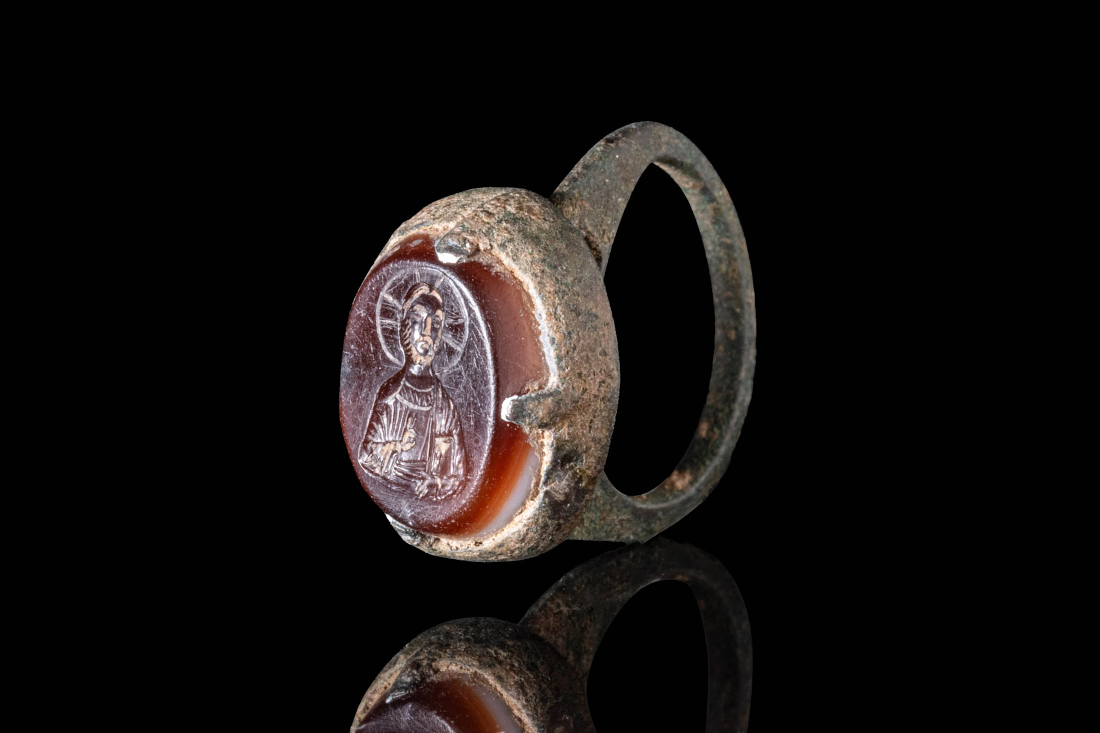 BYZANTINE BRONZE RING WITH BANDED AGATE INTAGLIO WITH CHRIST