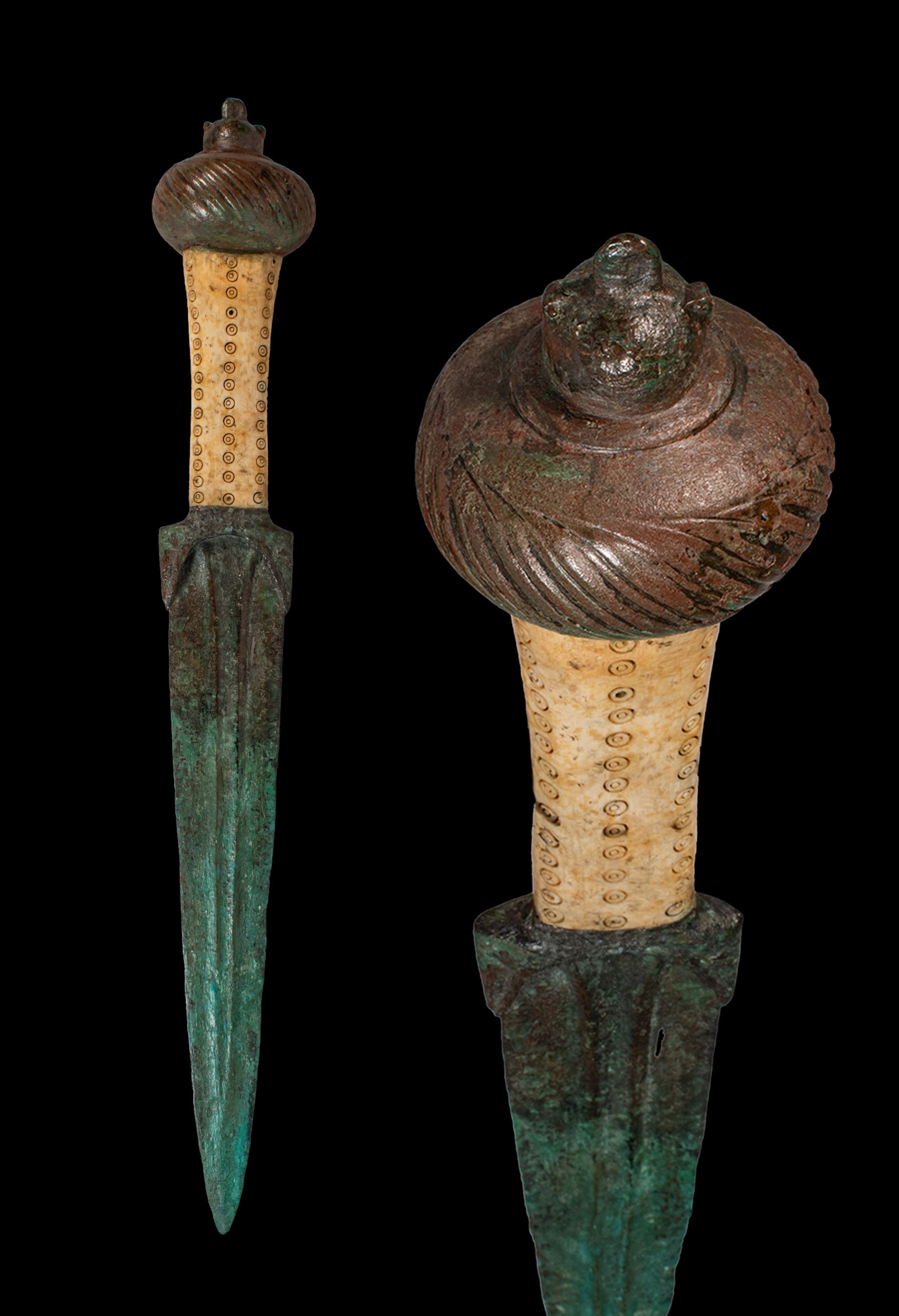 RARE BRONZE AGE BRONZE AND BONE DAGGER WITH DECORATED HANDLE