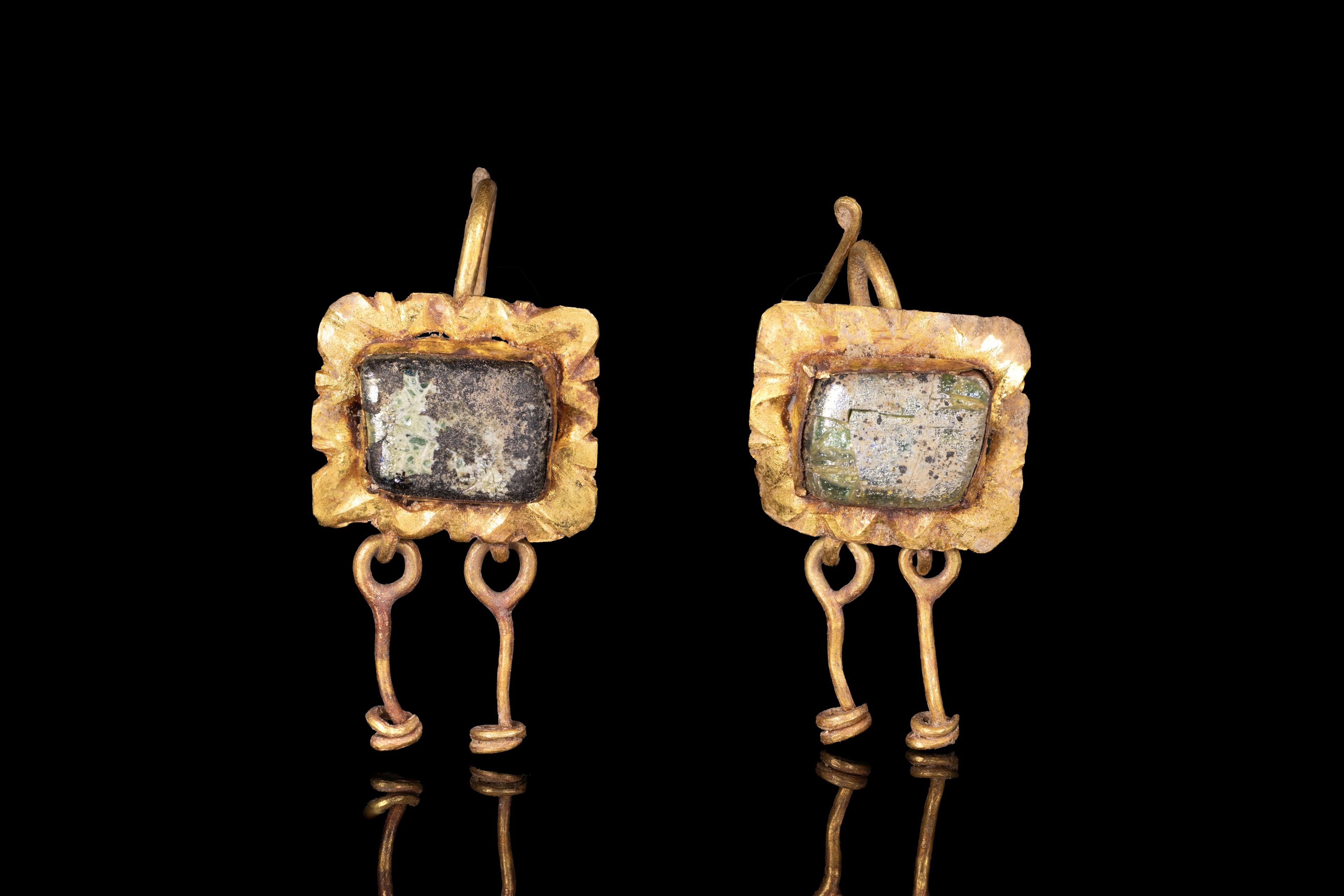 MATCHED PAIR OF ROMAN GOLD OPENWORK EARRINGS WITH GLASS BEZELS