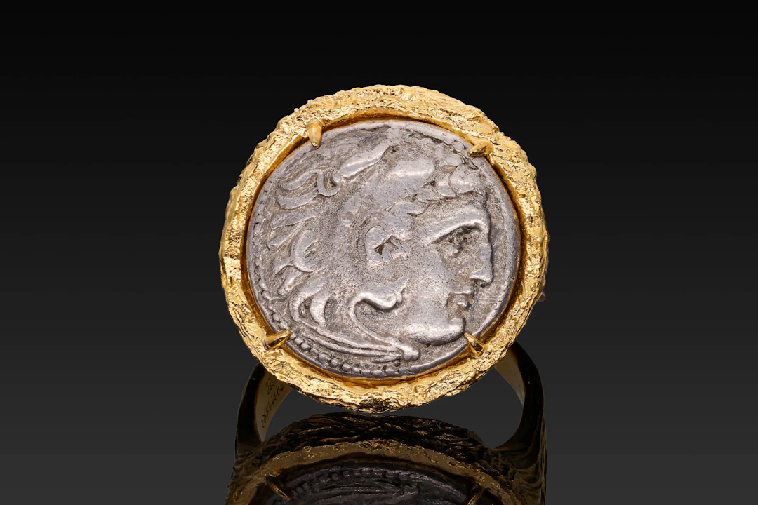 SILVER DRACHM OF ALEXANDER THE GREAT IN GOLD-PLATED STERLING SILVER RING