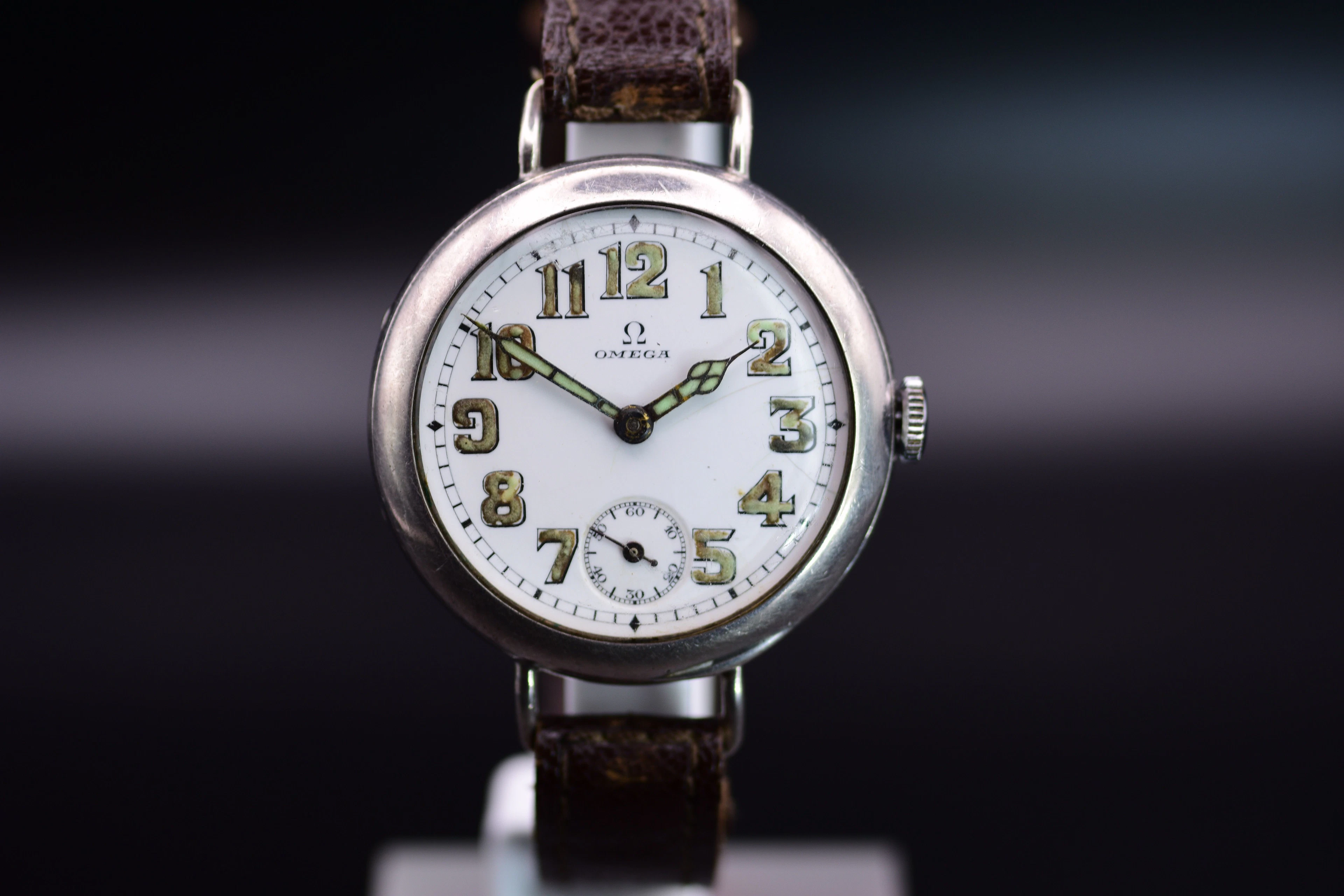 Omega Military Trench Watch 1916 WWI Sterling Silver Radium Dial Historically