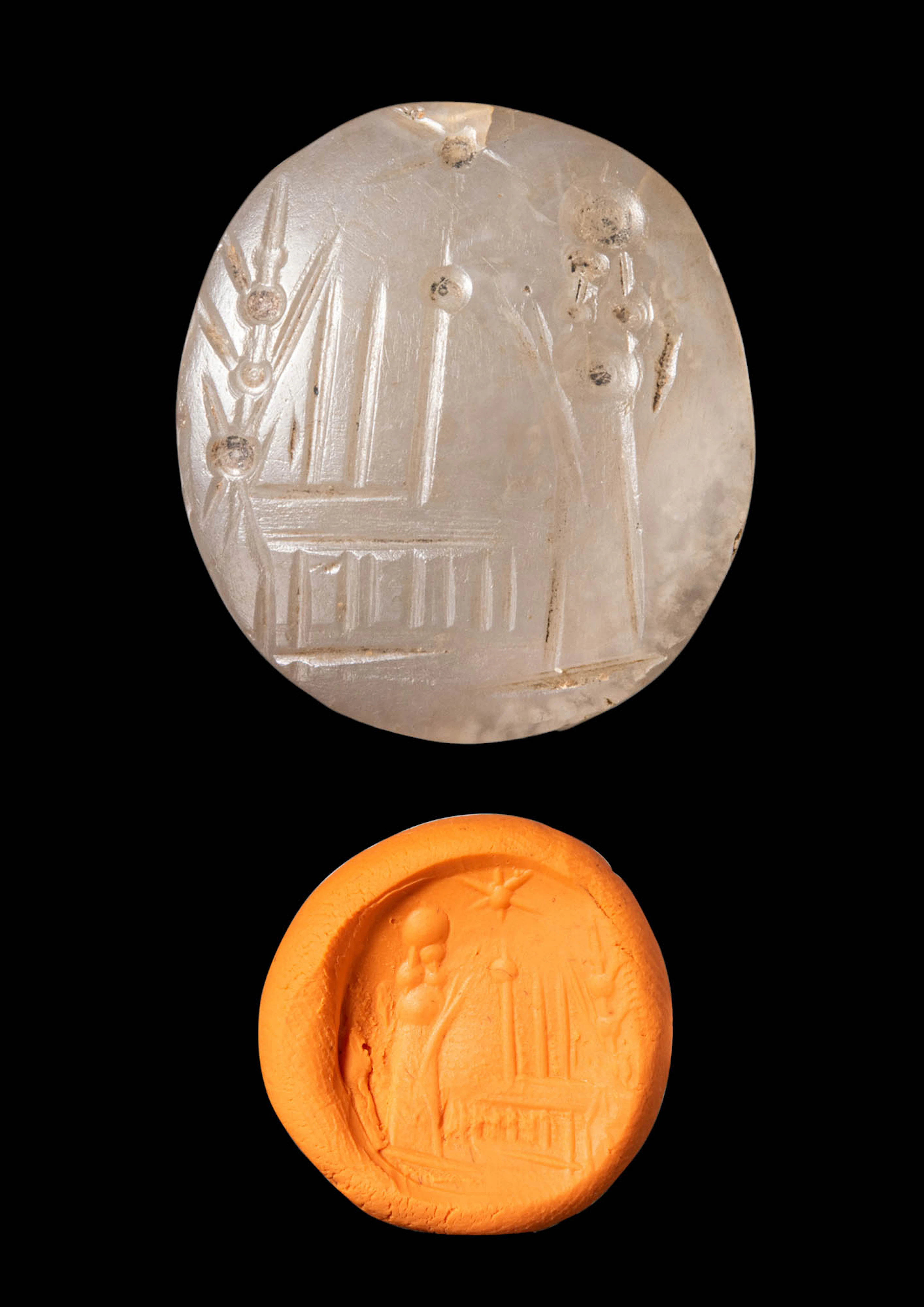 NEO-BABYLONIAN QUARTZ STAMP SEAL WITH ALTAR OF MARDUK AND NABU