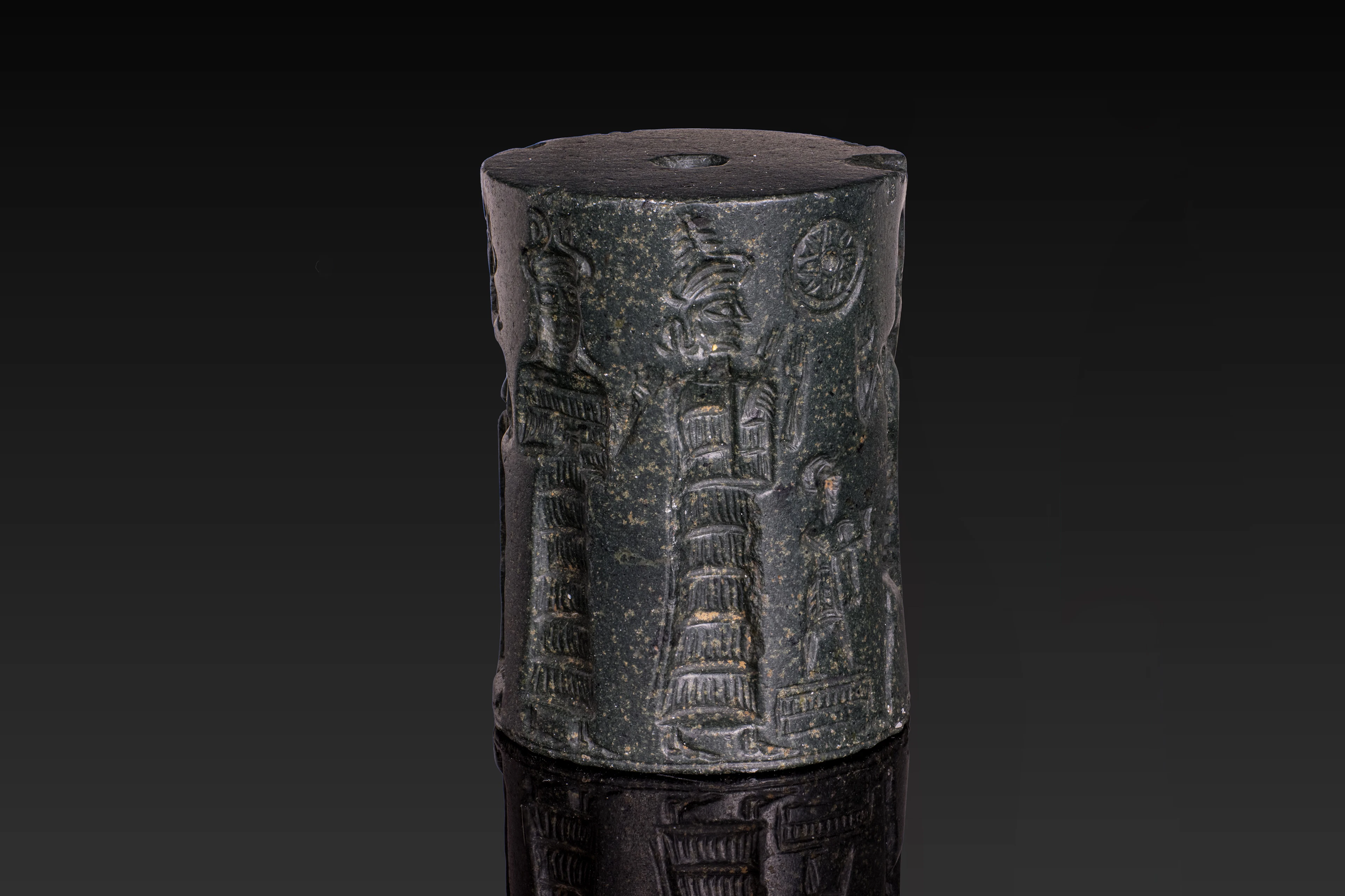 MITANNI GREEN STONE CYLINDER SEAL WITH DEITIES