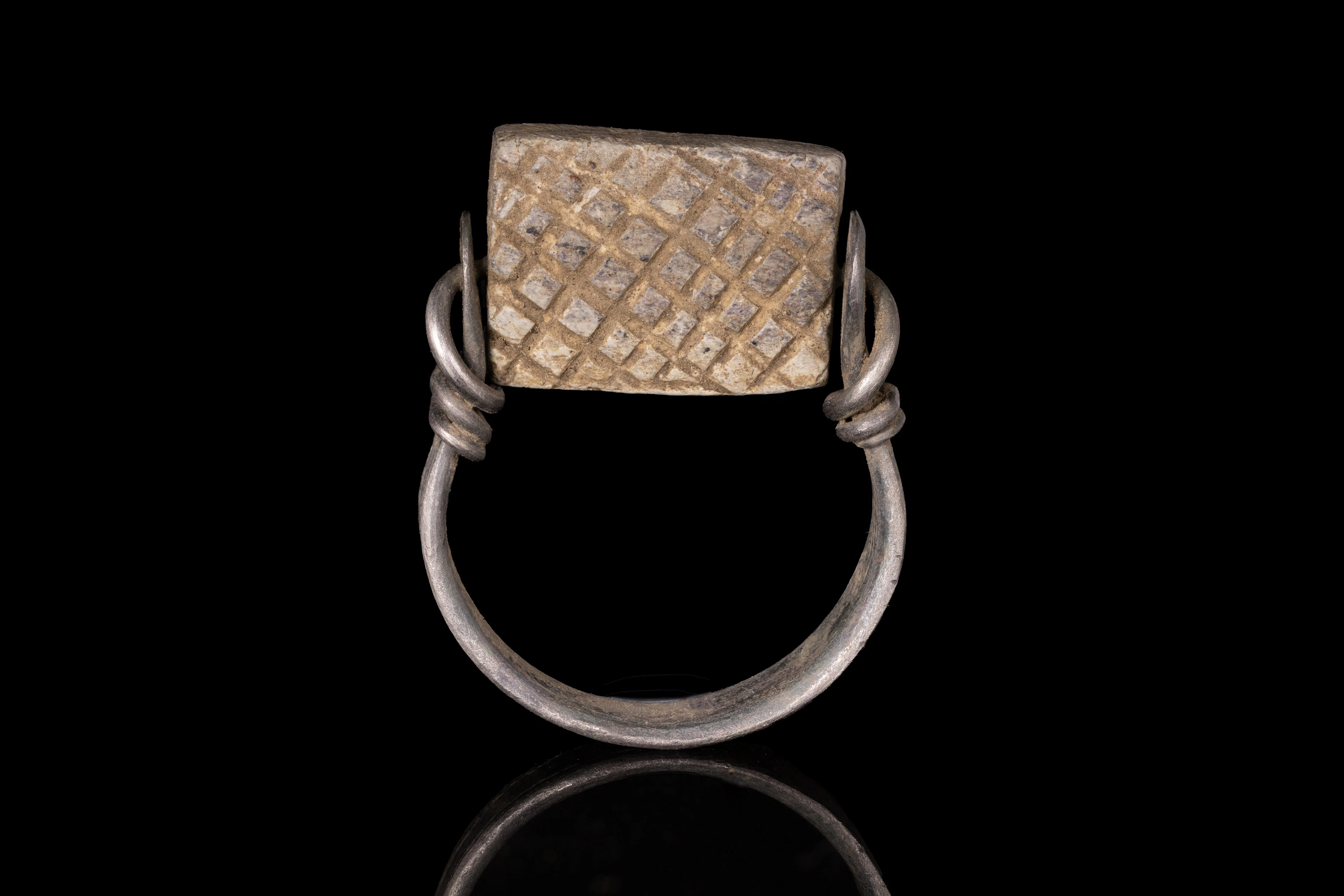 EGYPTIAN BLUE FAIENCE SCARABOID WITH SYMBOLS IN SILVER RING