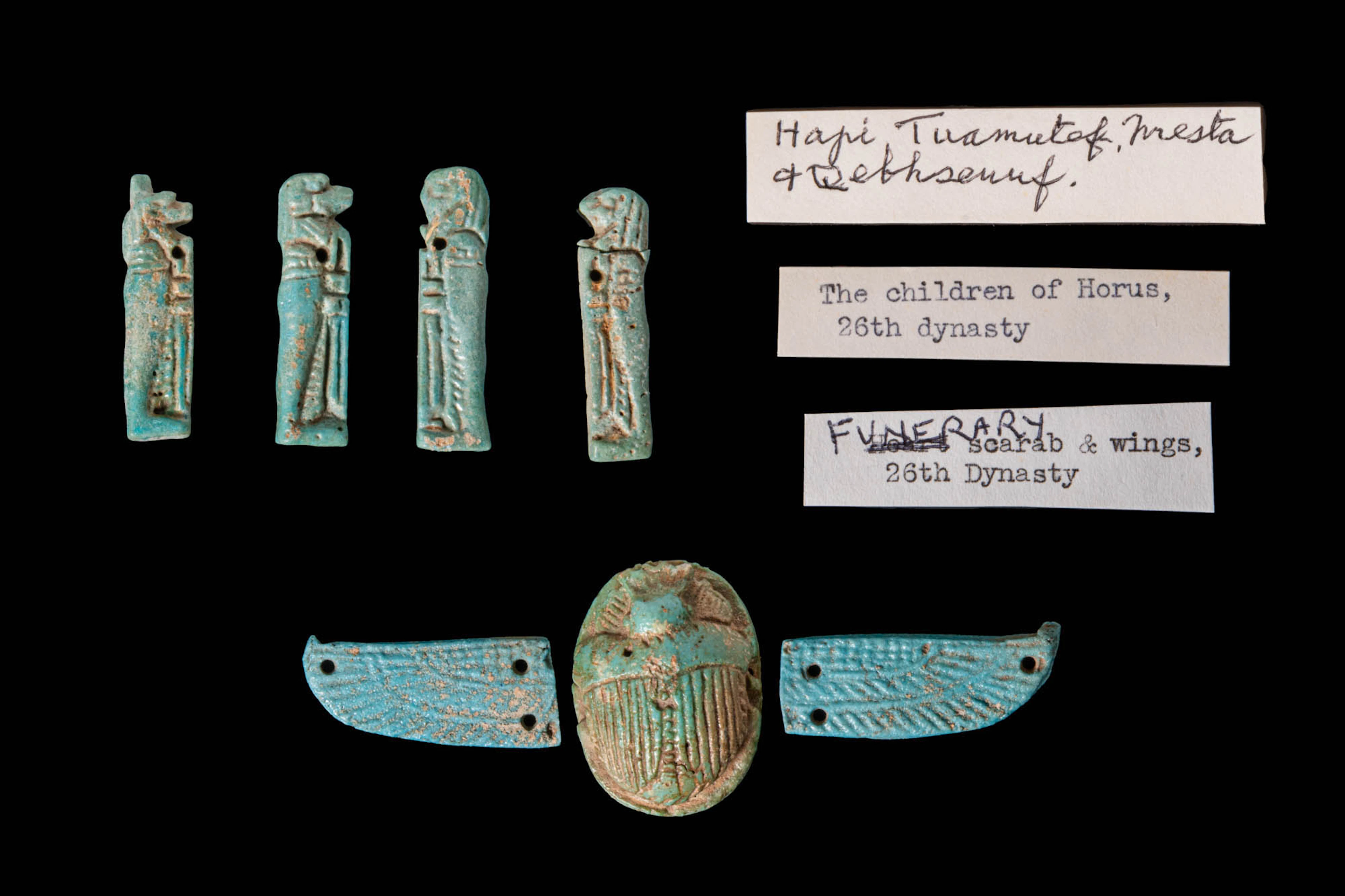 SET OF EGYPTIAN FAIENCE FUNERARY PECTORAL AMULETS: WINGED SCARAB AND