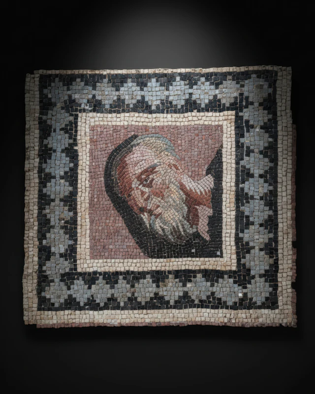 SUPERB ROMAN MOSAIC PANEL WITH PHILOSOPHER (WITH AUSTRIAN EXPORT LICENSE)