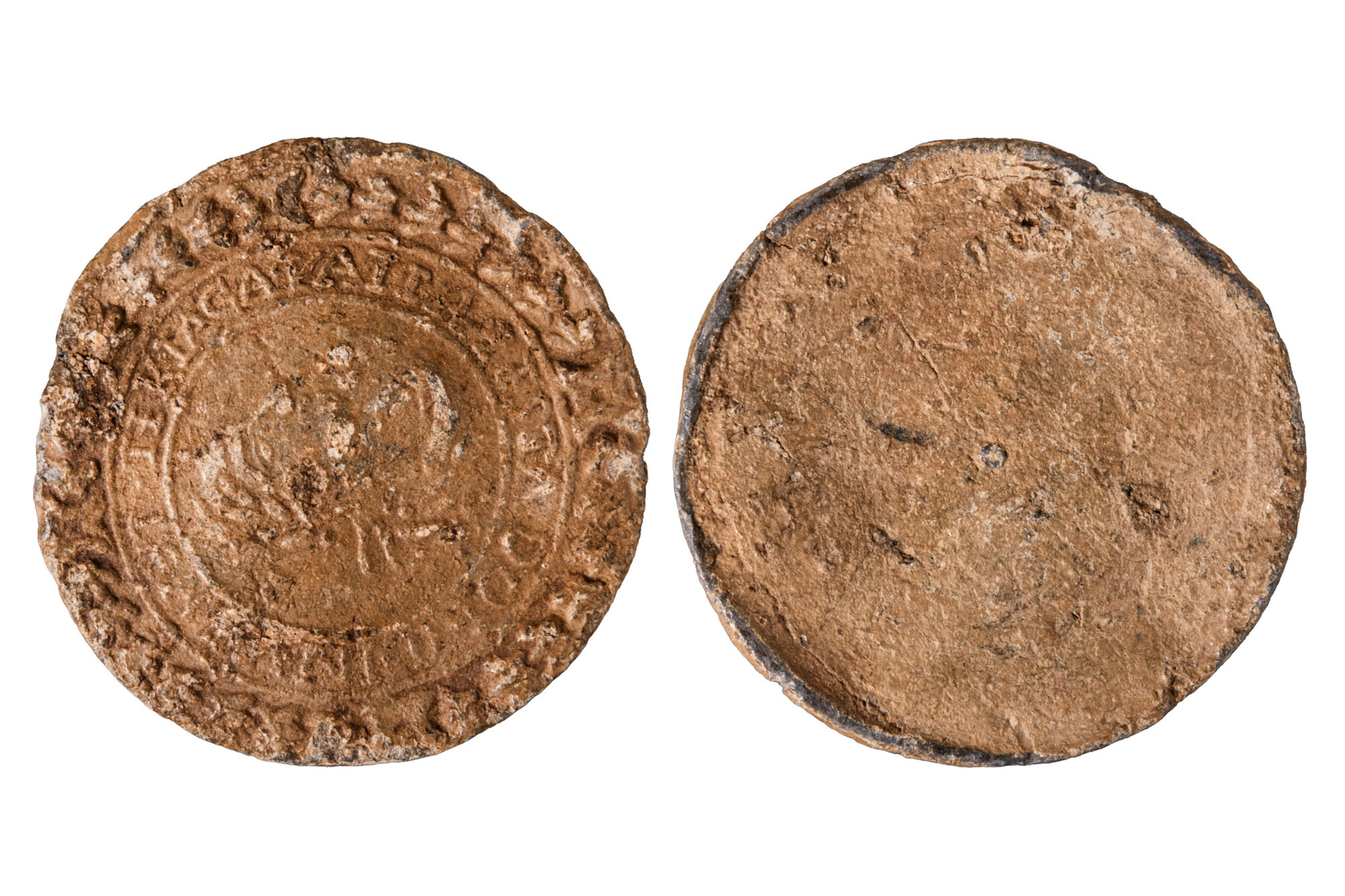 MEDIEVAL LEAD BULLA WITH SAINT GEORGE AND INSCRIPTION