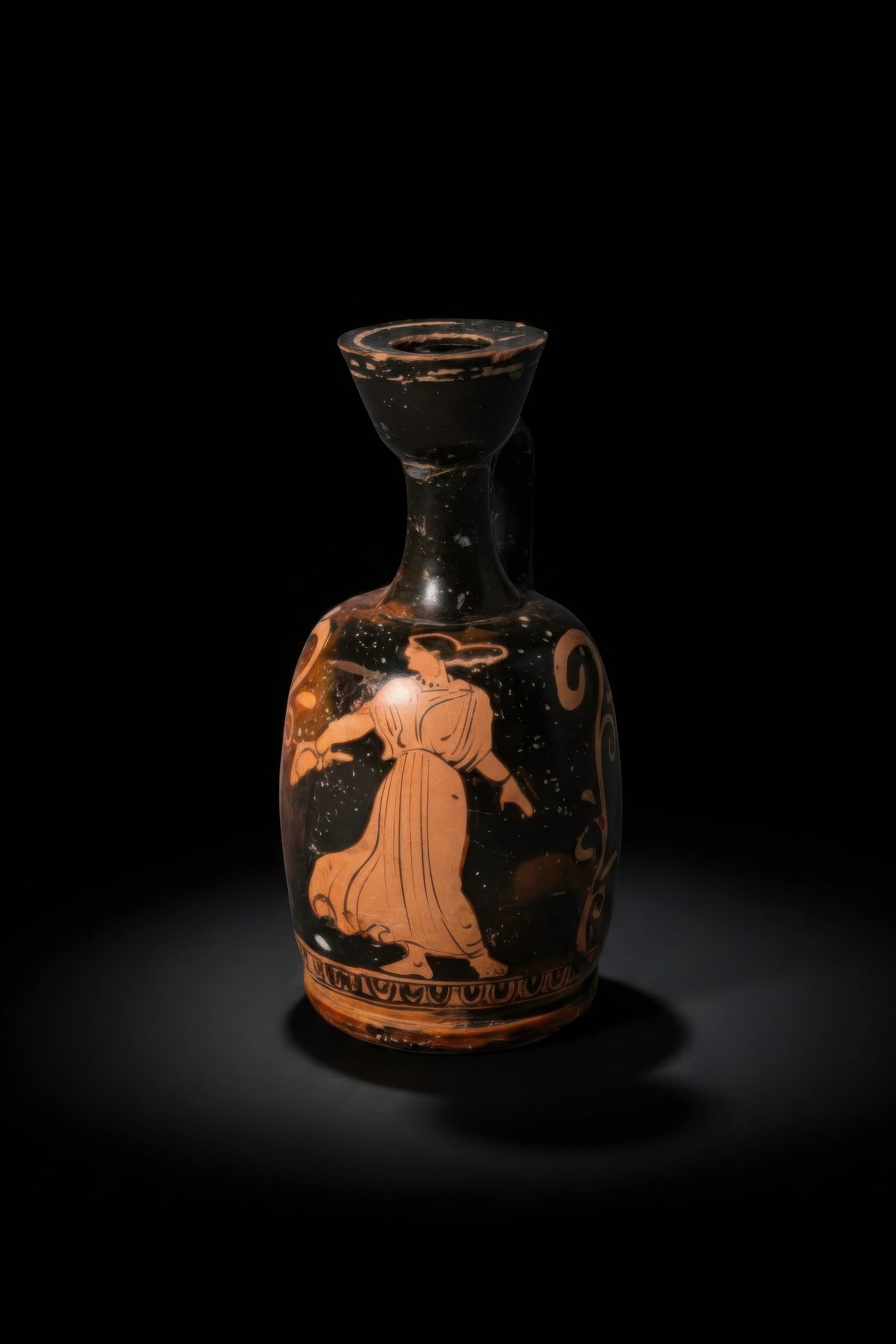 APULIAN RED-FIGURE SQUAT LEKYTHOS WITH STANDING WOMAN
