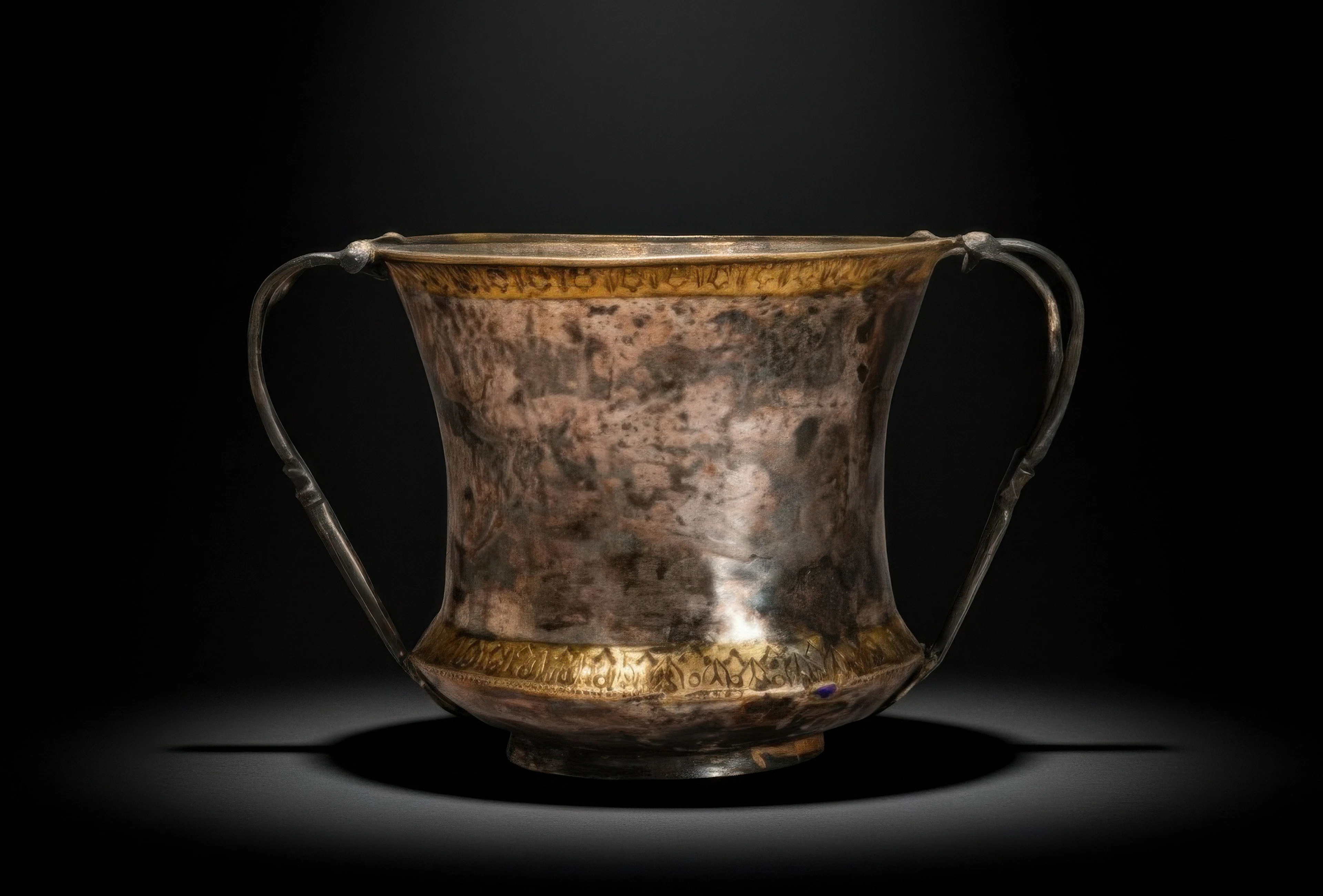 GREEK SILVER-GILT KANTHAROS WITH OPENWORK HANDLES AND GEOMETRIC DECORATION