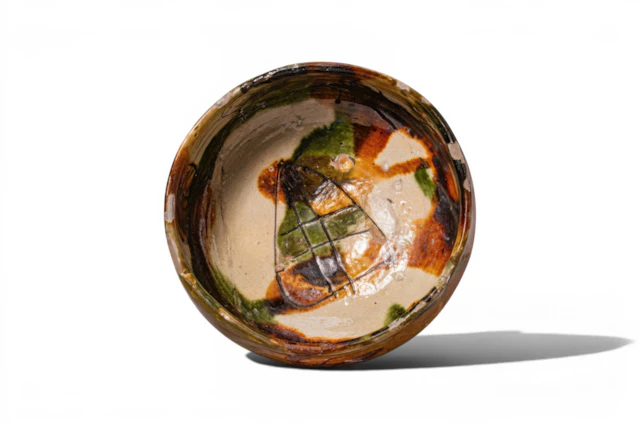 BYZANTINE GLAZED TERRACOTTA FOOTED BOWL WITH CENTRAL SHIELD - EX ASHMOLEAN