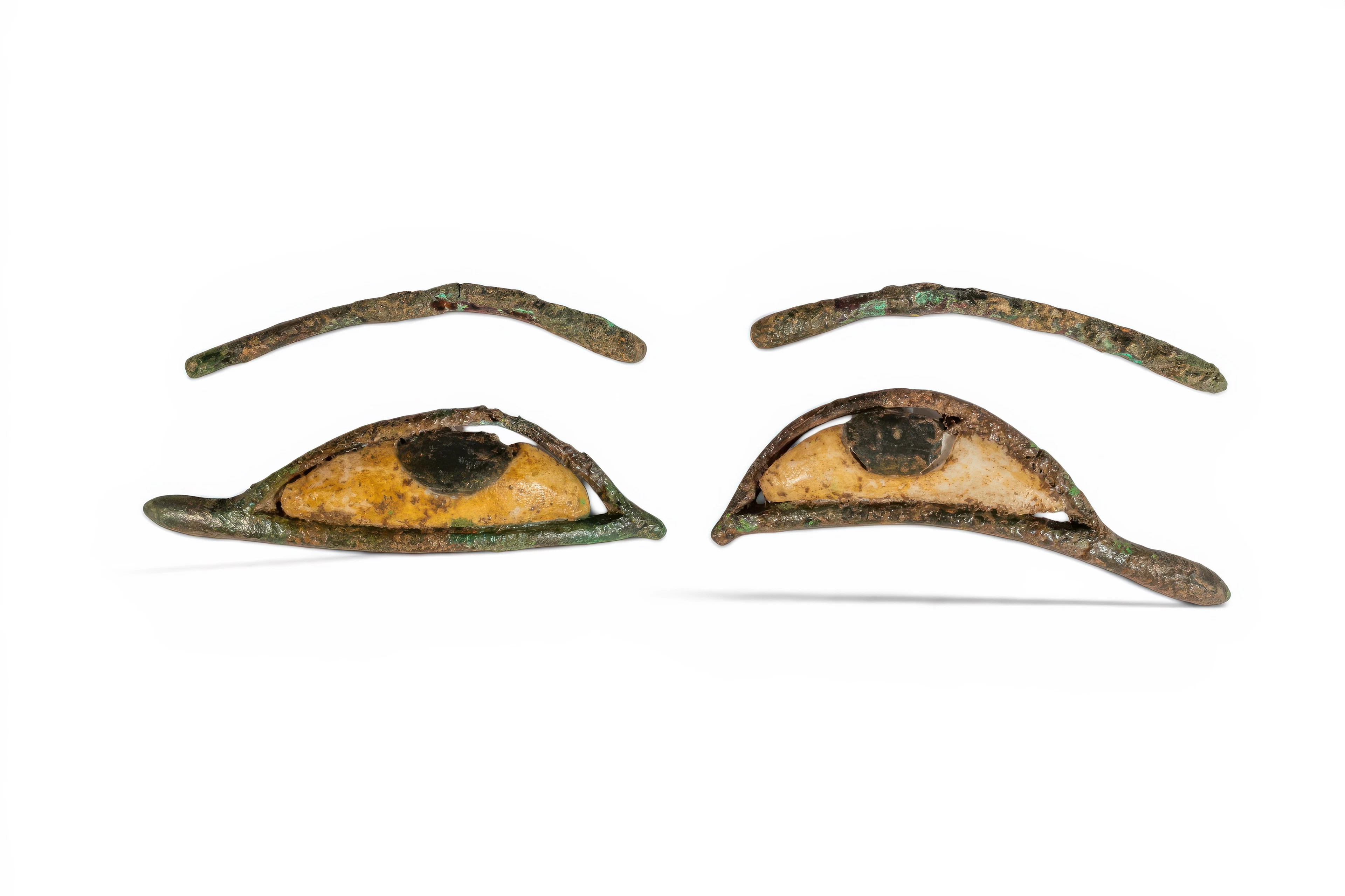 MATCHING PAIR OF EGYPTIAN BRONZE AND STONE SARCOPHAGUS EYES WITH EYEBROWS