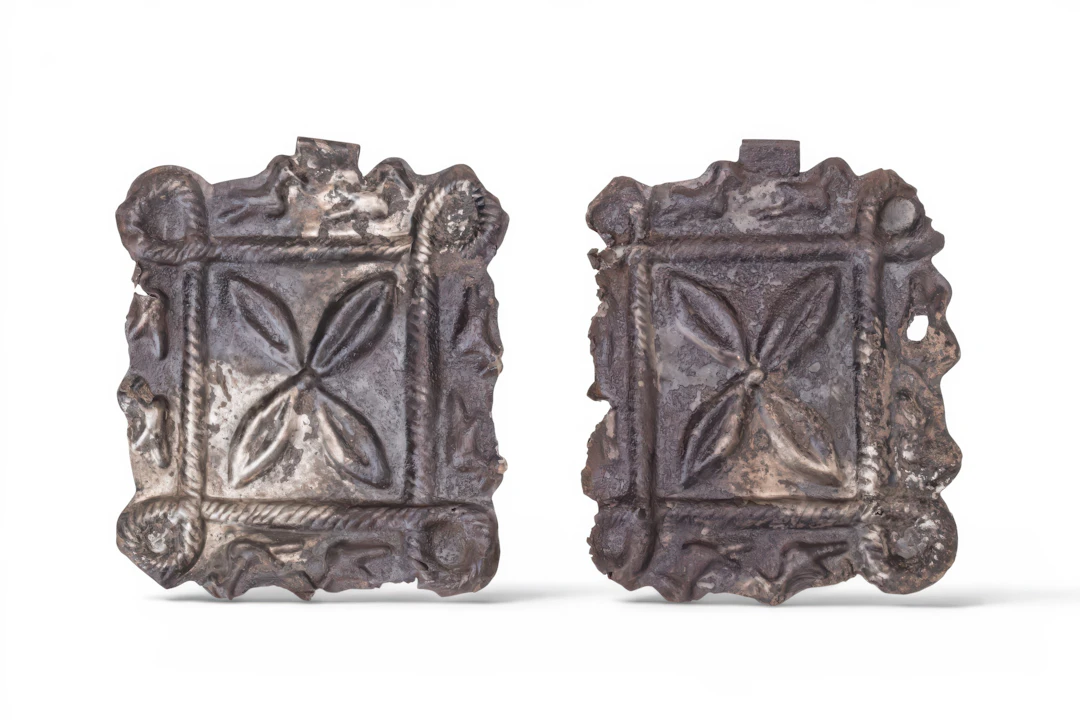 PAIR OF GREEK SILVER PLAQUES WITH FLOWERS FRAMED BY ROPE MOTIFS