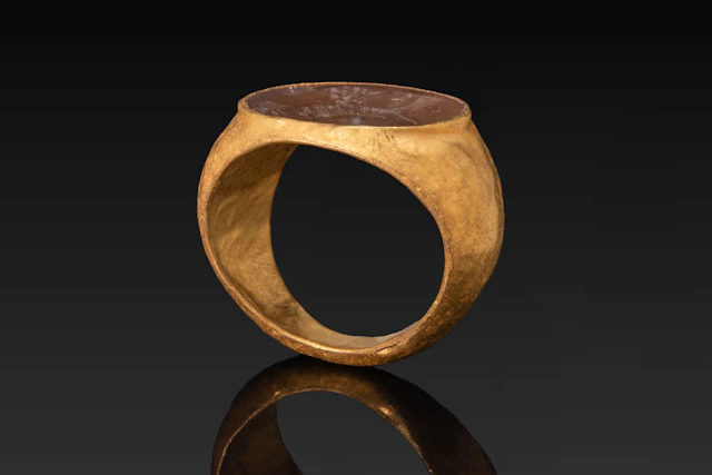 ROMAN CHALCEDONY INTAGLIO DEPICTING JANUS IN HIGH KARAT GOLD RING