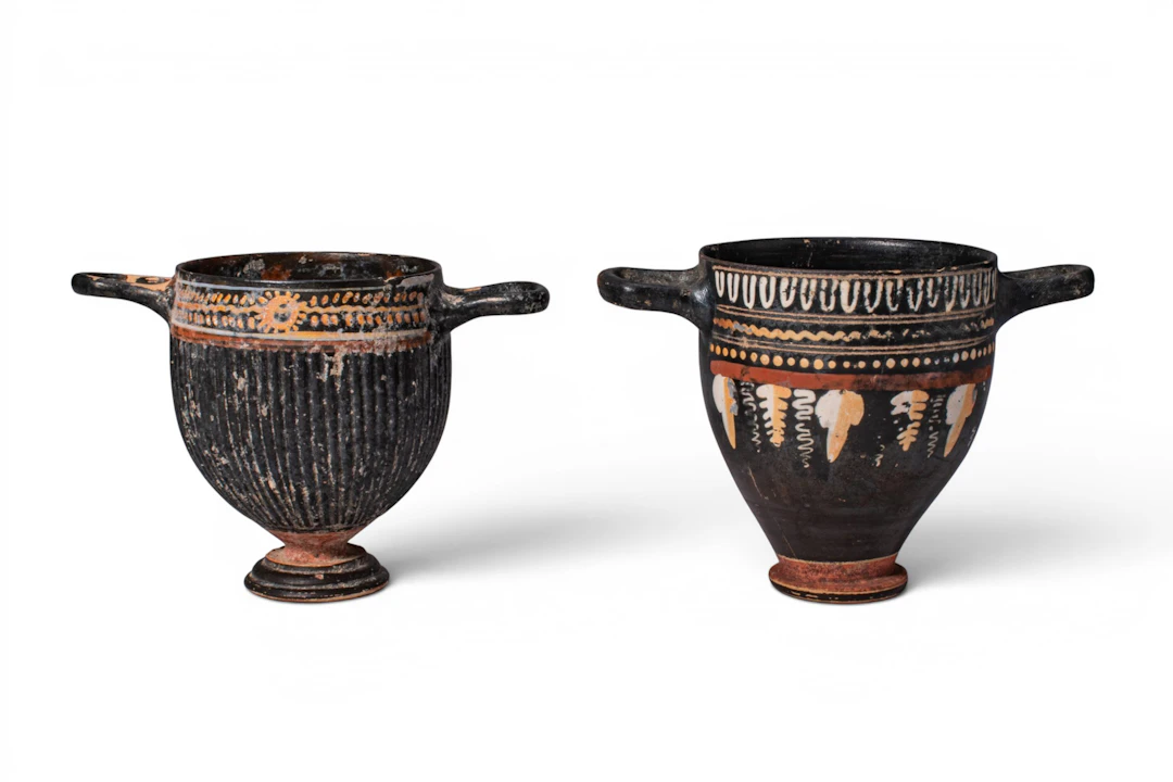 PAIR OF GREEK GNATHIAN POTTERY SKYPHOI