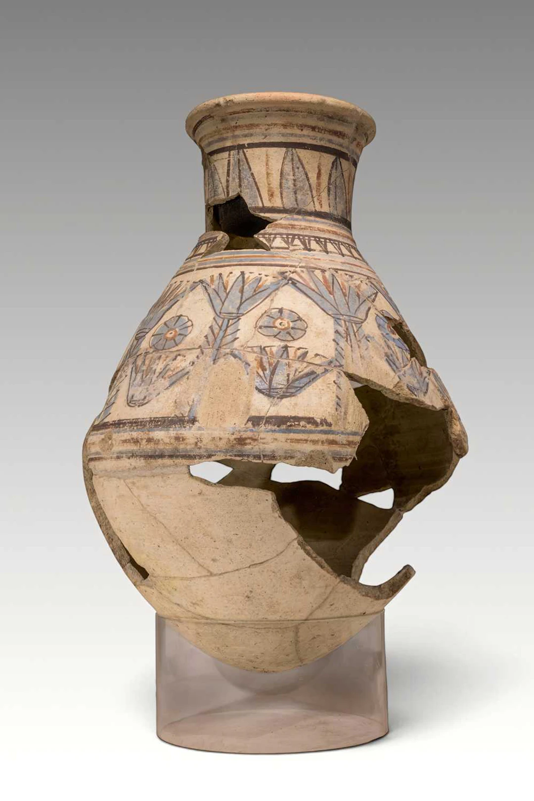 EGYPTIAN AMARNA PERIOD PAINTED POTTERY JAR WITH PAPYRUS STALKS AND ROSETTES