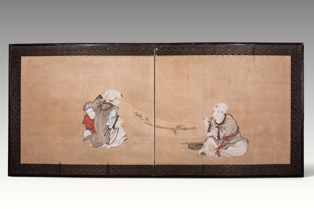 JAPANESE PAINTED SCREEN DEPICTING TWO IMMORTAL CHILDREN