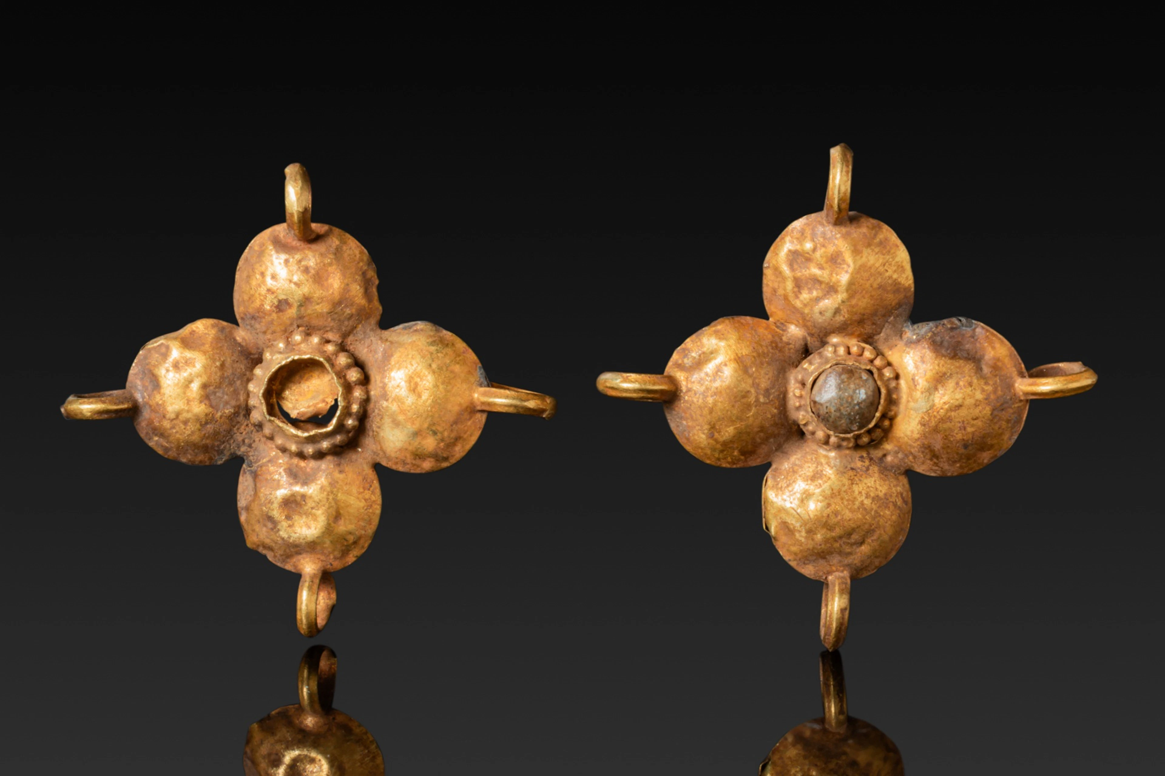 PAIR OF BYZANTINE HIGH KARAT GOLD CROSS-SHAPED PENDANTS WITH GEMSTONES