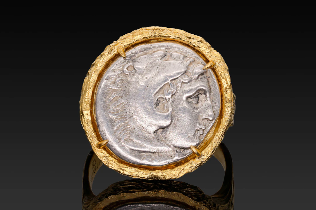 SILVER DRACHM OF ALEXANDER THE GREAT IN GOLD-PLATED STERLING SILVER RING